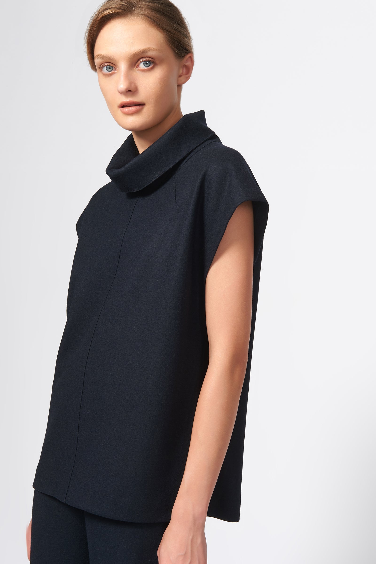 Seamed Cap Sleeve Turtleneck in Midnight Navy Made From 100% Japanese ...