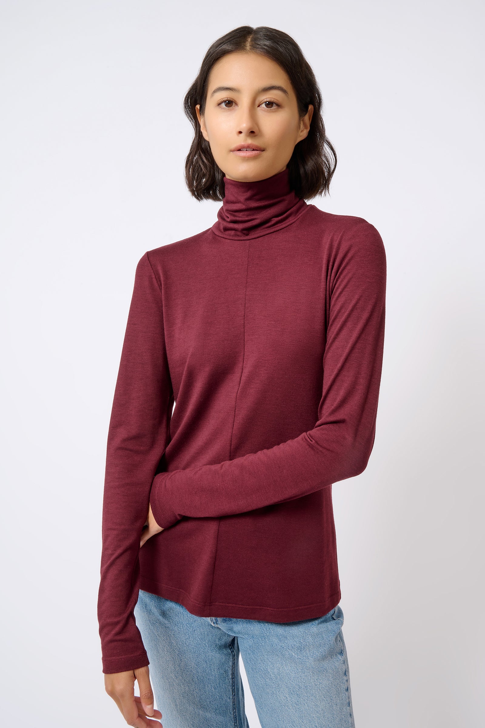 Kal Rieman Seamed Fitted Turtleneck in Wine Color on Model Front View