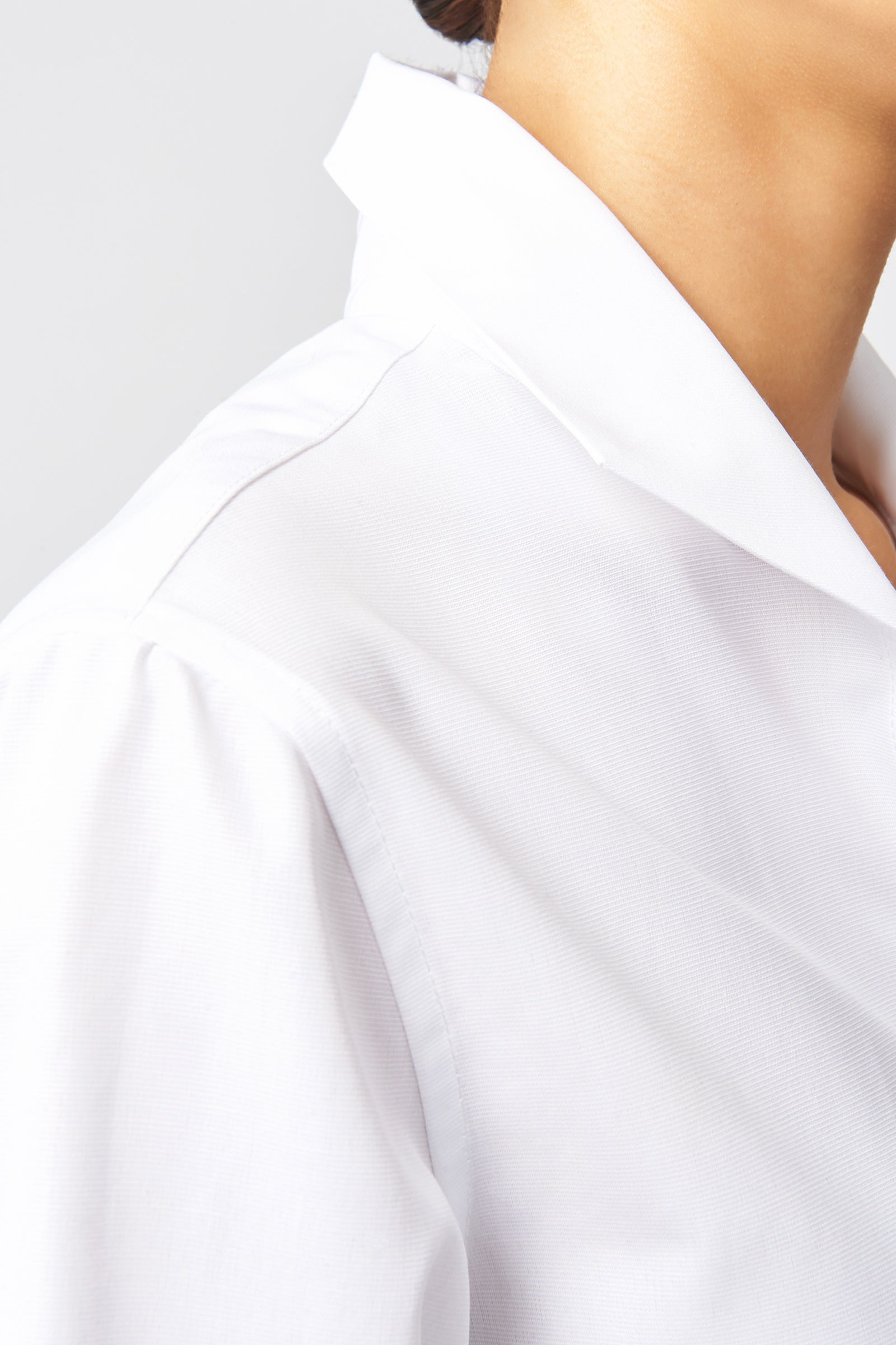 Kal Rieman Ginna Box Pleat Shirt in White Ottoman on Model Front Detail View