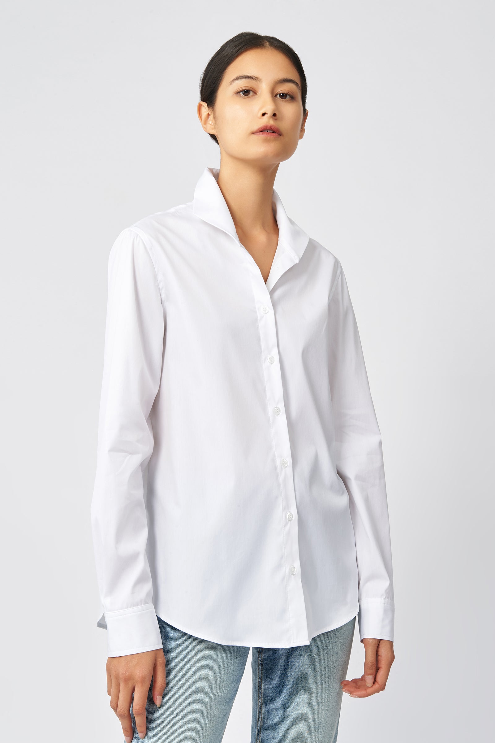 Kal Rieman Ginna Box Pleat Shirt in White Ottoman on Model Front View