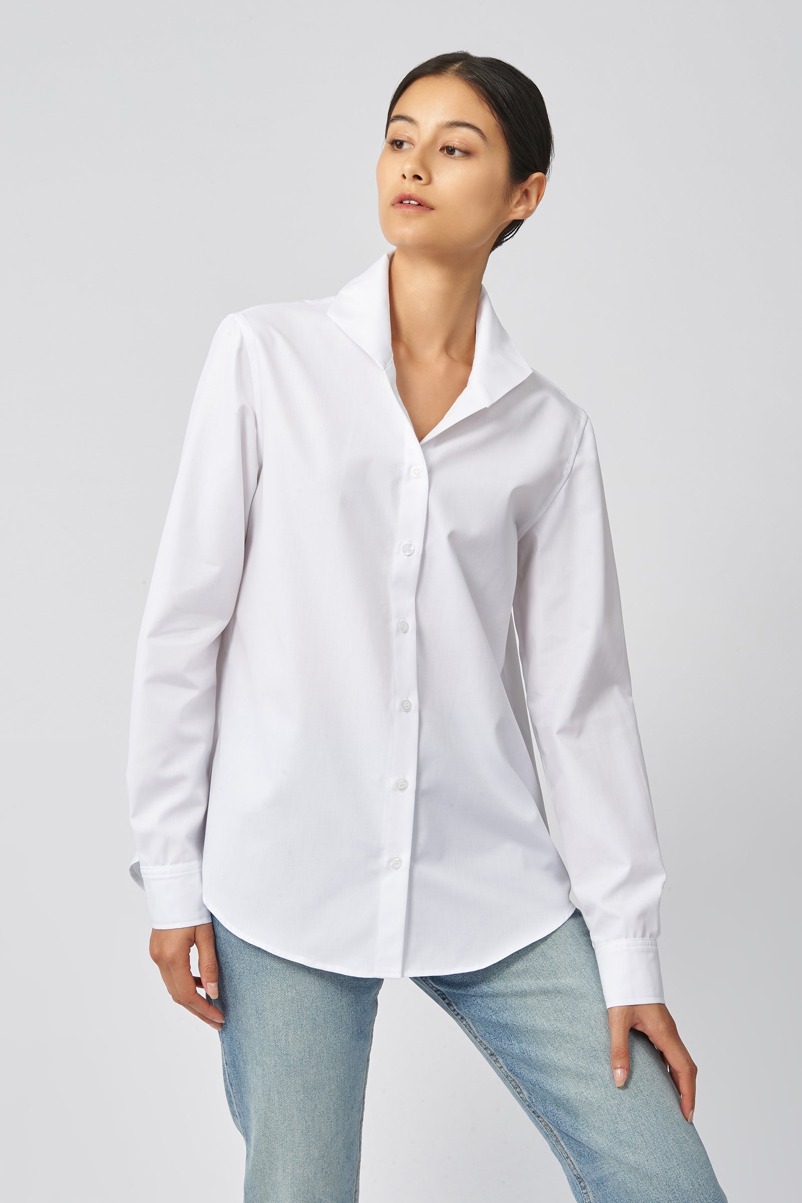 Kal Rieman Ginna Box Pleat Shirt in White Ottoman on Model Front Alternate View