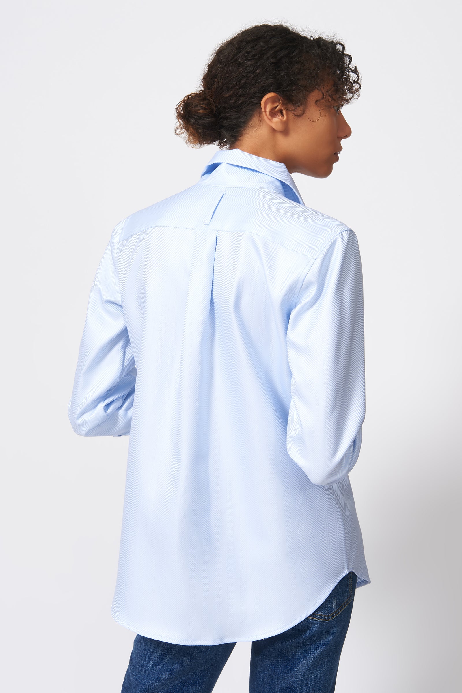 Kal Rieman Ginna Box Pleat Shirt in French Blue Herringbone on Model Back View