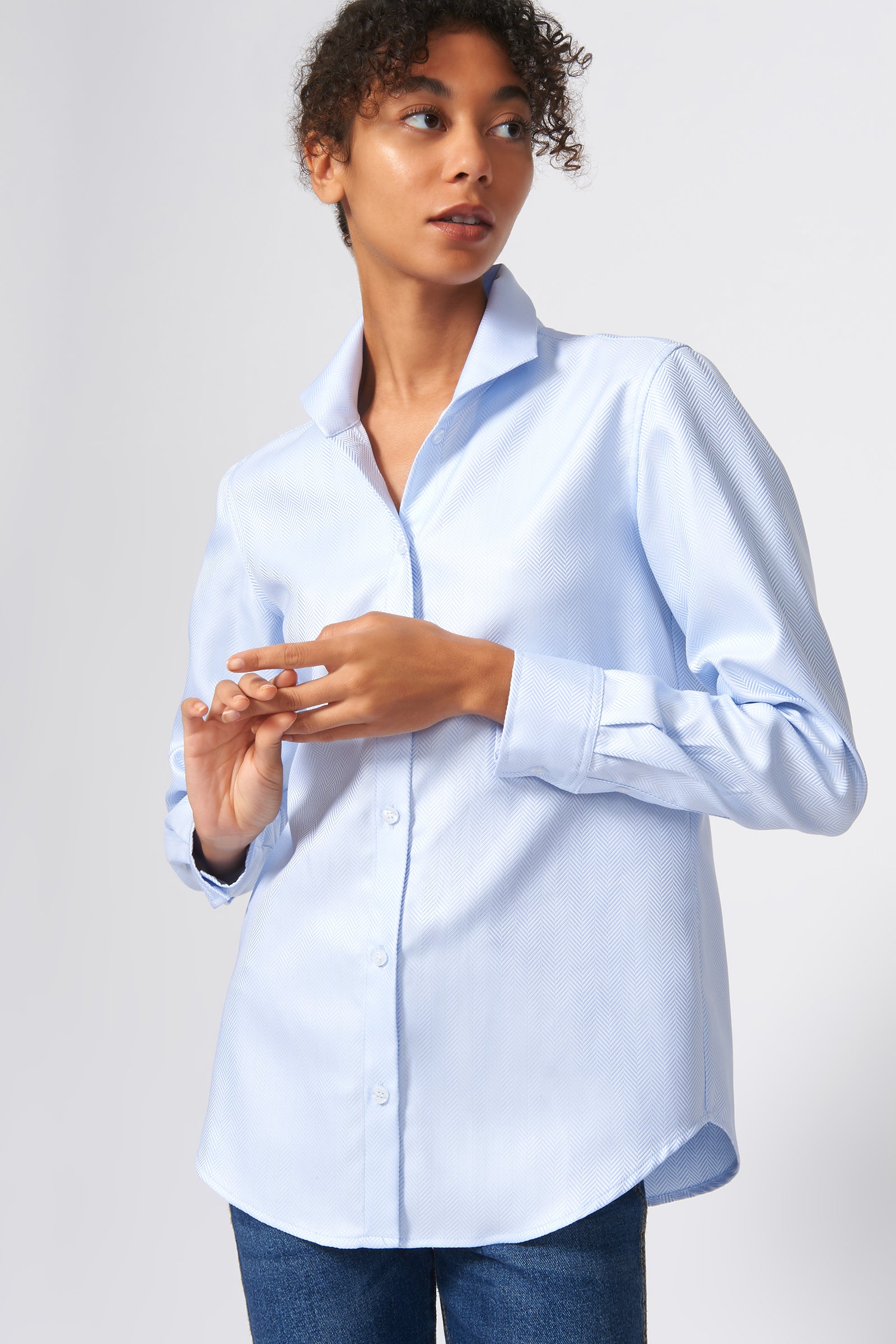 Kal Rieman Ginna Box Pleat Shirt in French Blue Herringbone on Model Front View