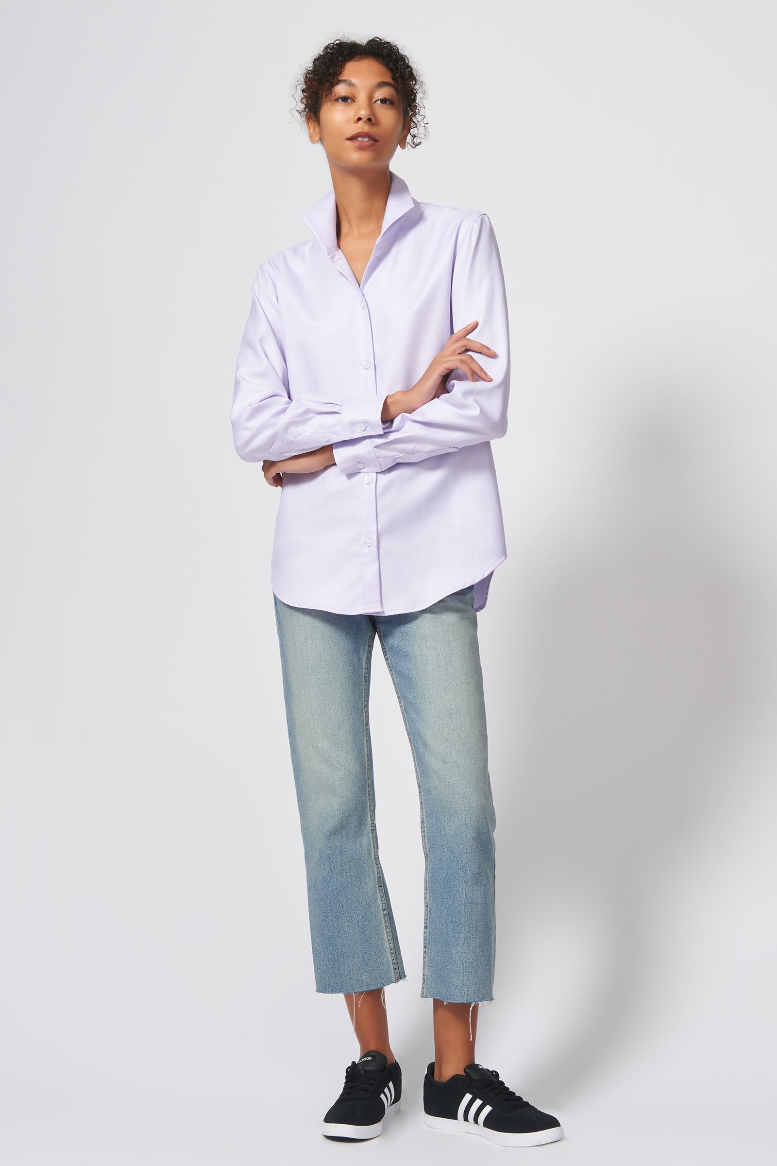 Kal Rieman Ginna Box Pleat Shirt in Lavendar Fine Herringbone on Model Full Front View
