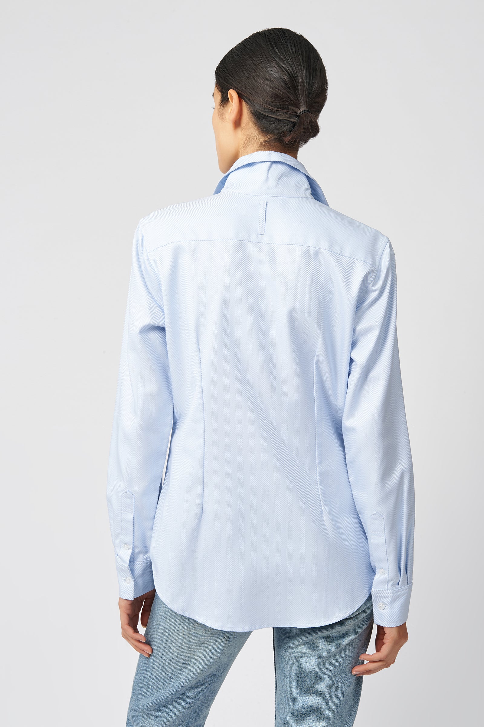 Kal Rieman Ginna Tailored Shirt in French Blue Herringbone on Model Back View