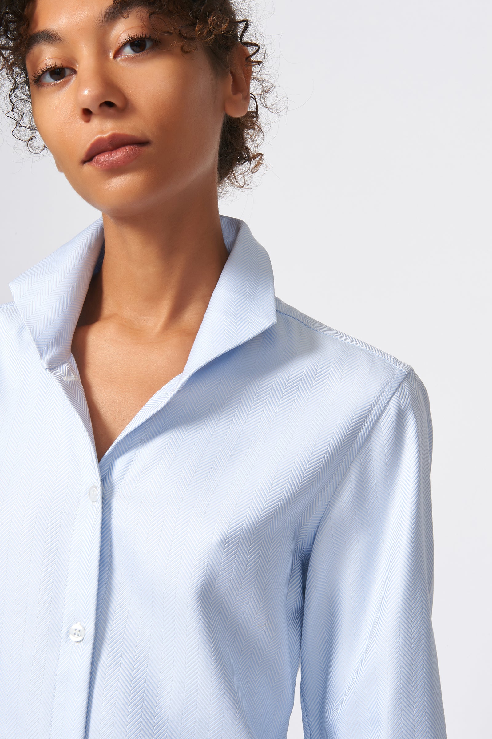Kal Rieman Ginna Tailored Shirt in French Blue Herringbone on Model Detail View