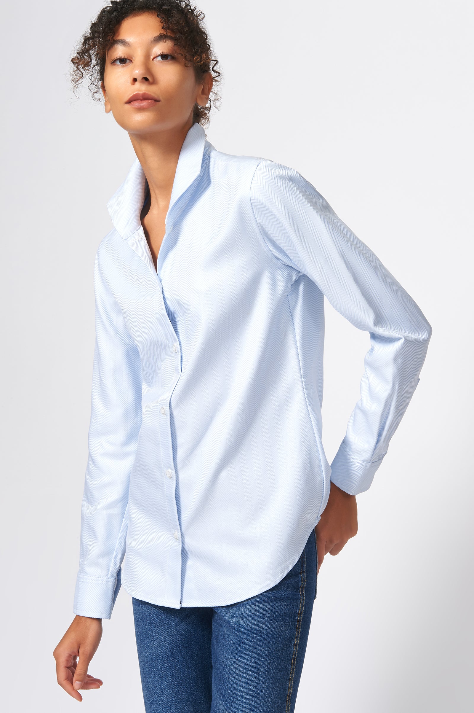 Kal Rieman Ginna Tailored Shirt in French Blue Herringbone on Model Front Side View