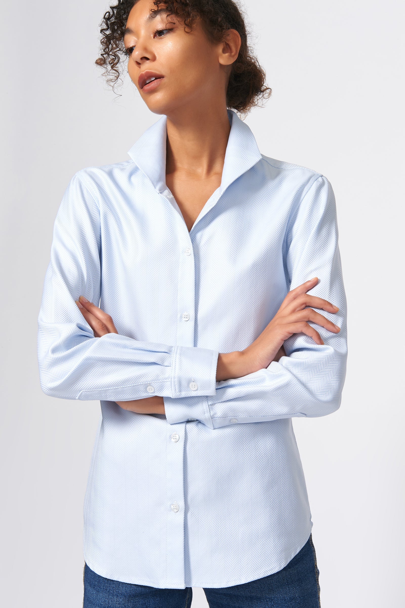 Kal Rieman Ginna Tailored Shirt in French Blue Herringbone on Model Front View