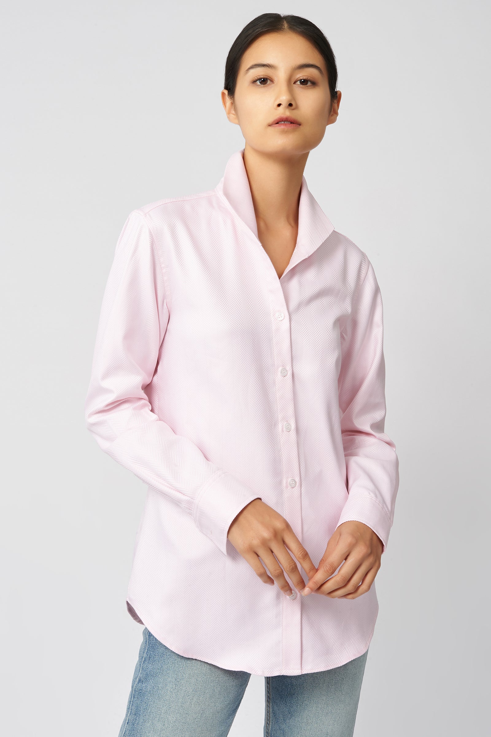 Kal Rieman Ginna Tailored Shirt in Pink Herringbone on Model Front View
