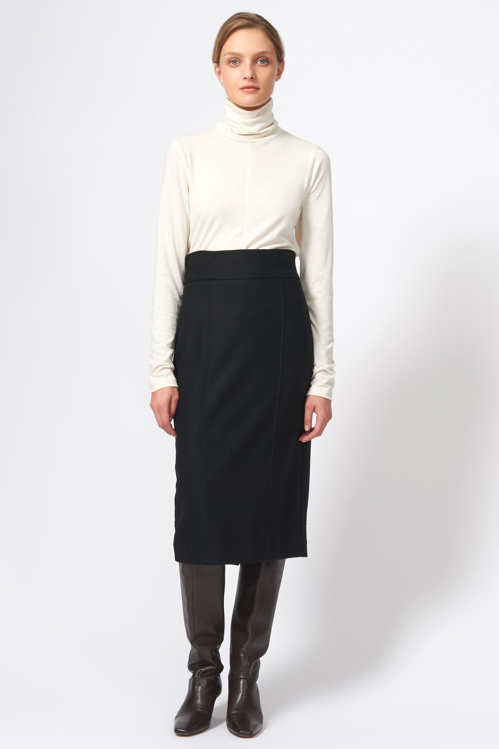 Kal Rieman High Waisted Pencil Skirt in Black on Model Full Front View