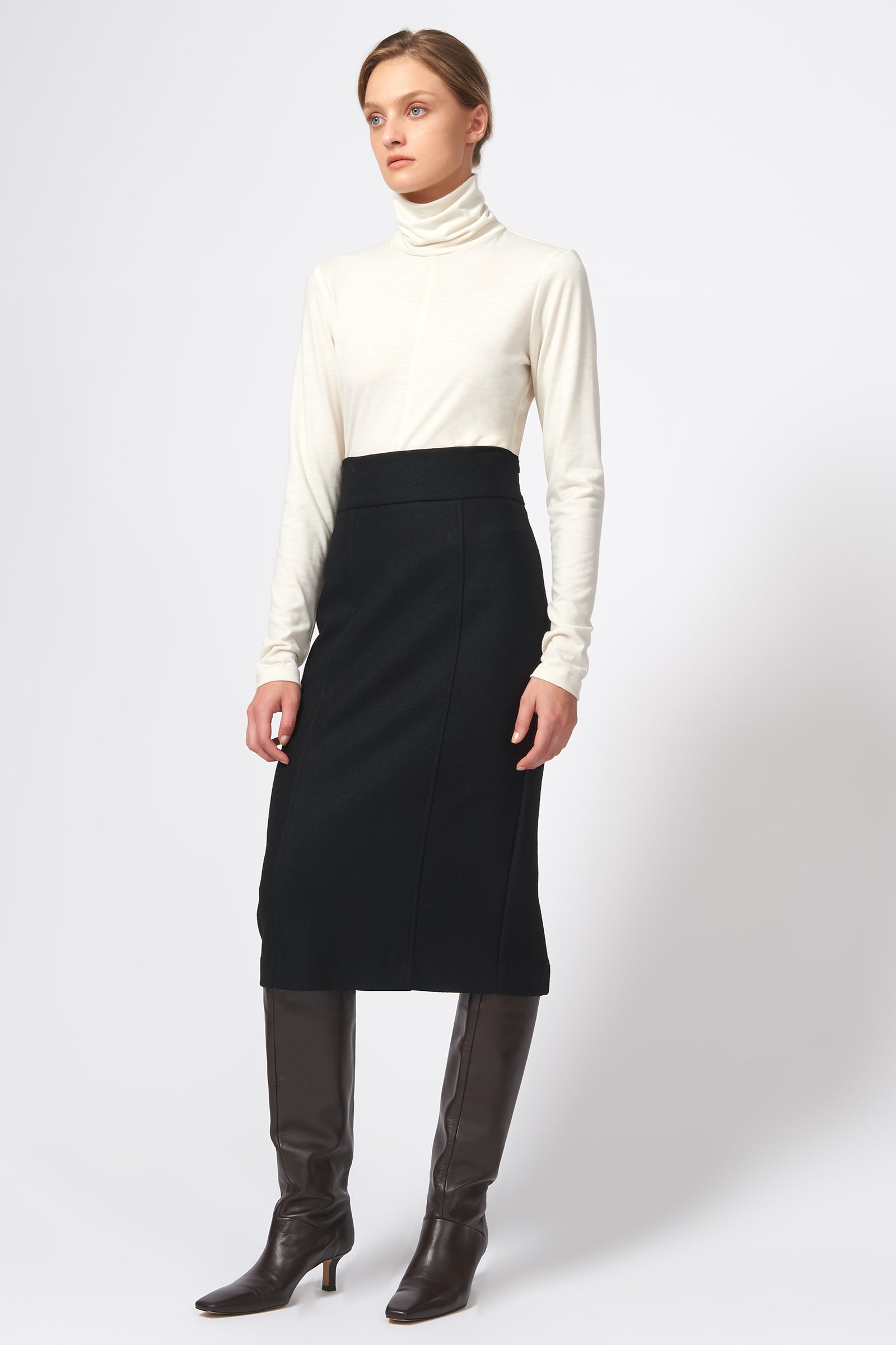 Kal Rieman High Waisted Pencil Skirt in Black on Model Full Front View