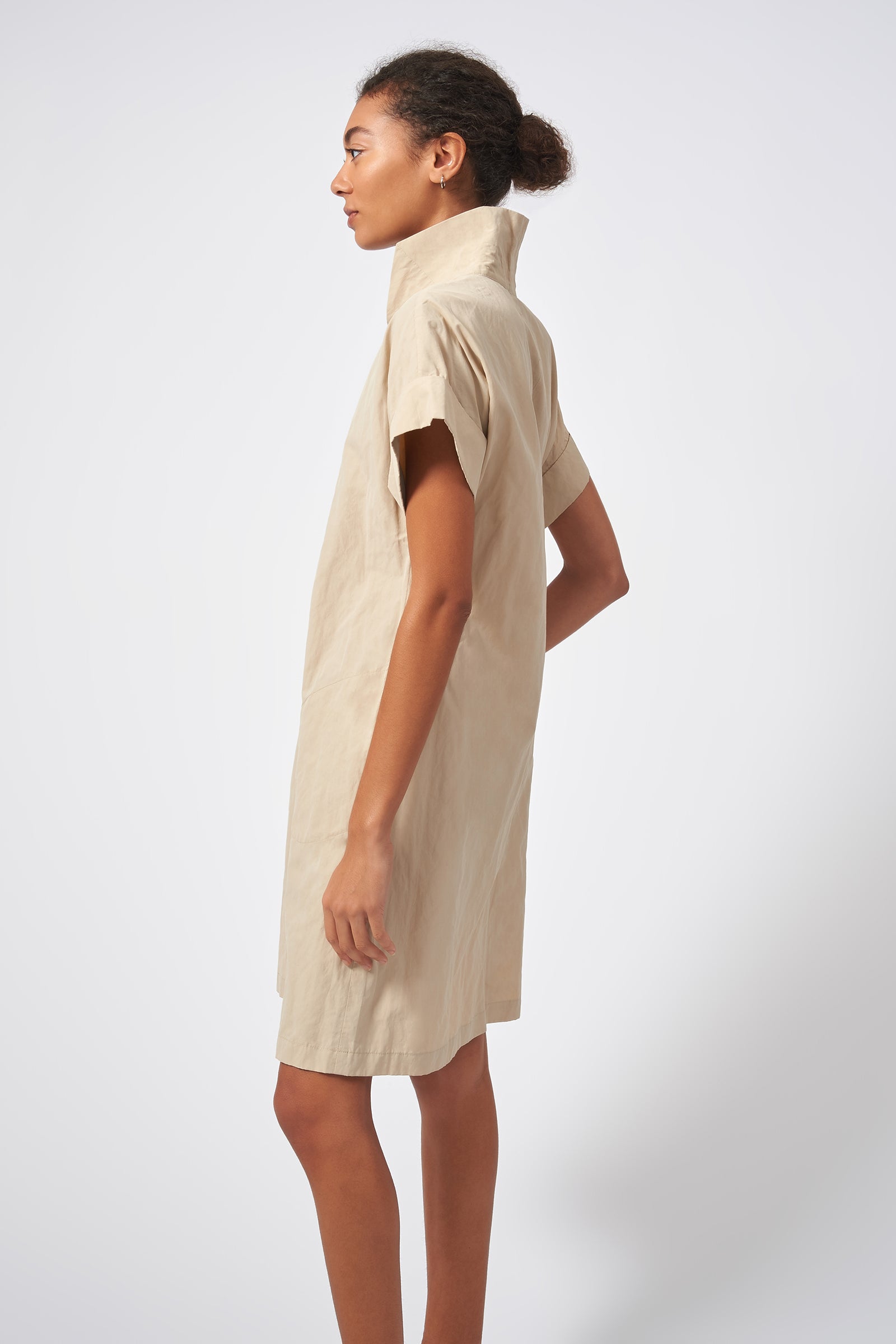 Kal Rieman Kimono Dress Italian Cotton Nylon Inox Khaki Dress On Model Side View