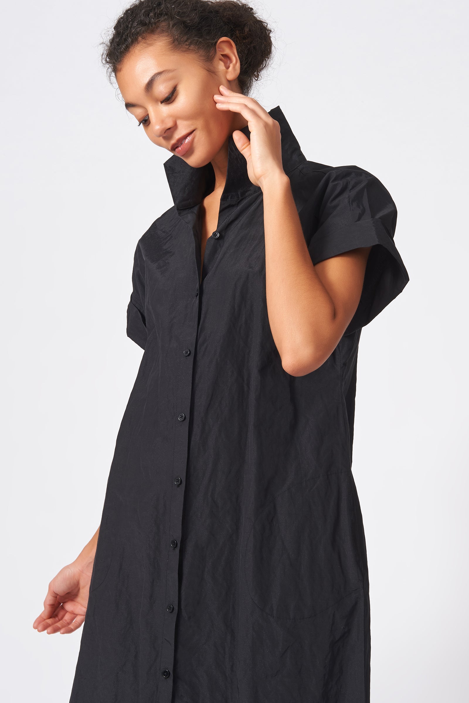 Kal Rieman Kimono Shirt Dress Cotton Nylon in Black on Model Front Side View