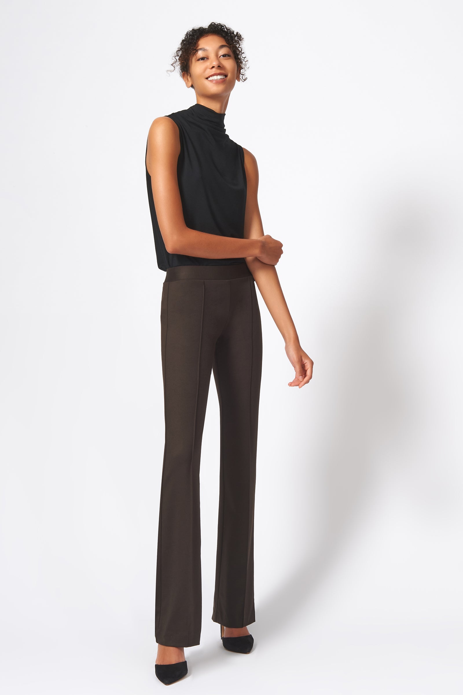 Kal Rieman Pintuck Ponte Column Pant in Espresso on Model Full Front View