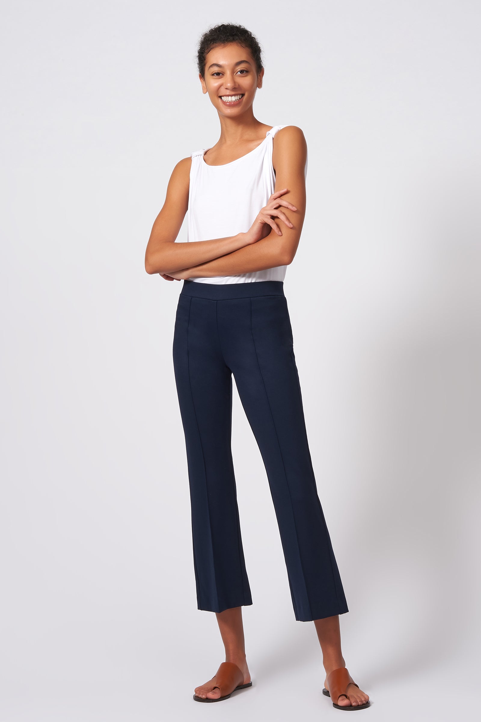 Kal Rieman Pintuck Crop Flare in Navy on Model Front Full View