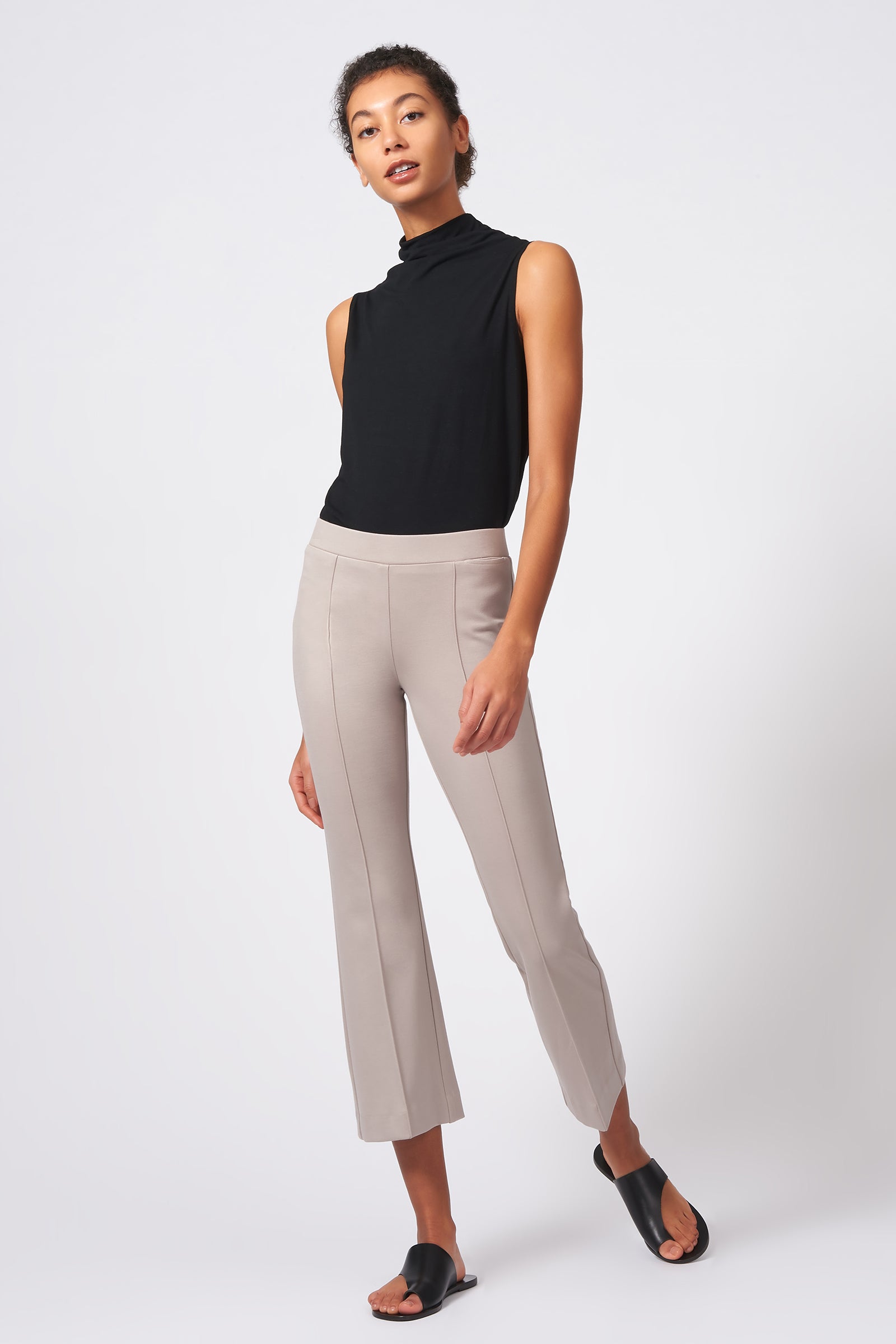Kal Rieman Pintuck Ponte Crop Flare Pant in Taupe on Model Full Front View