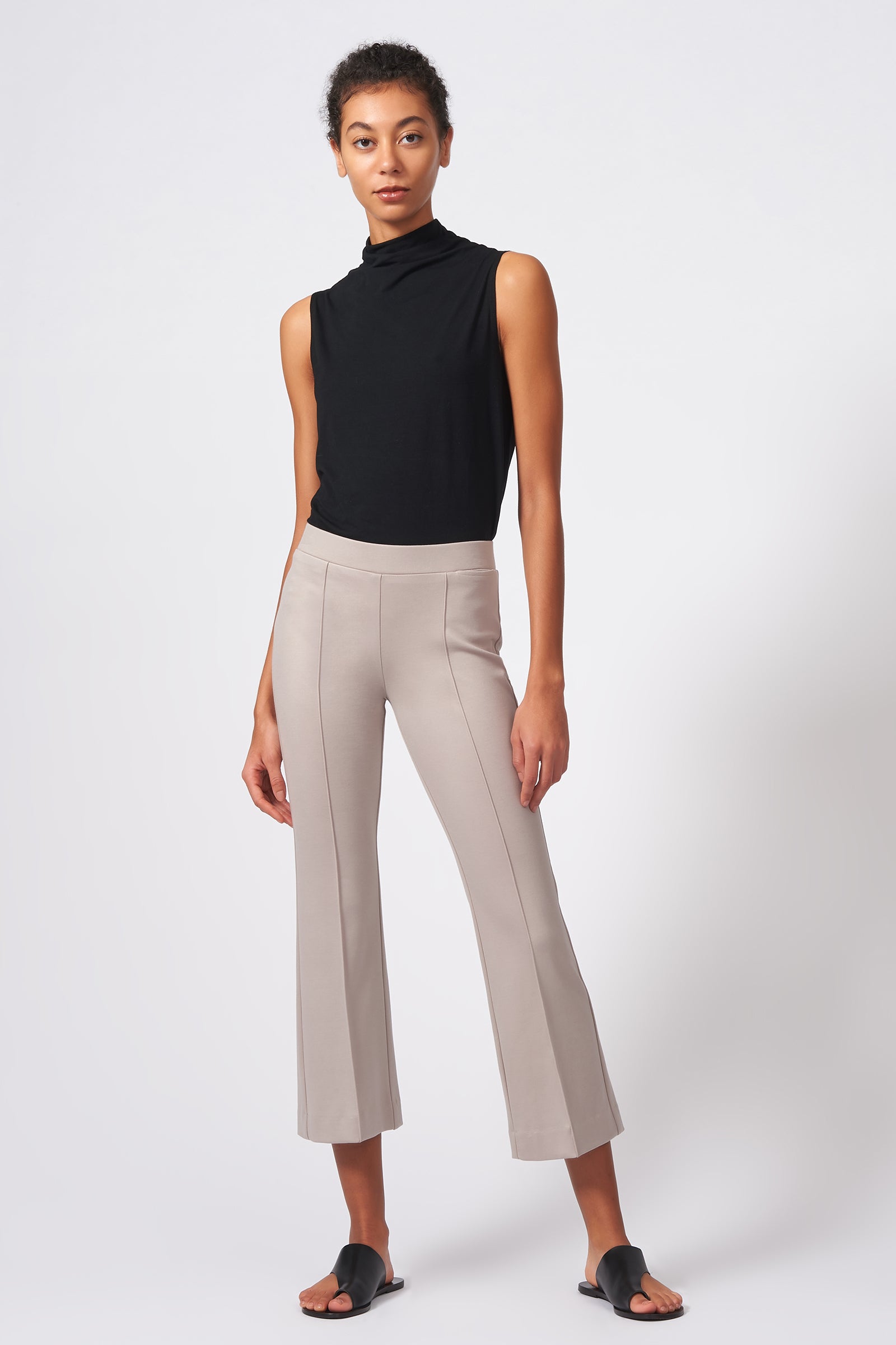 Kal Rieman Pintuck Ponte Crop Flare Pant in Taupe on Model Full Front View