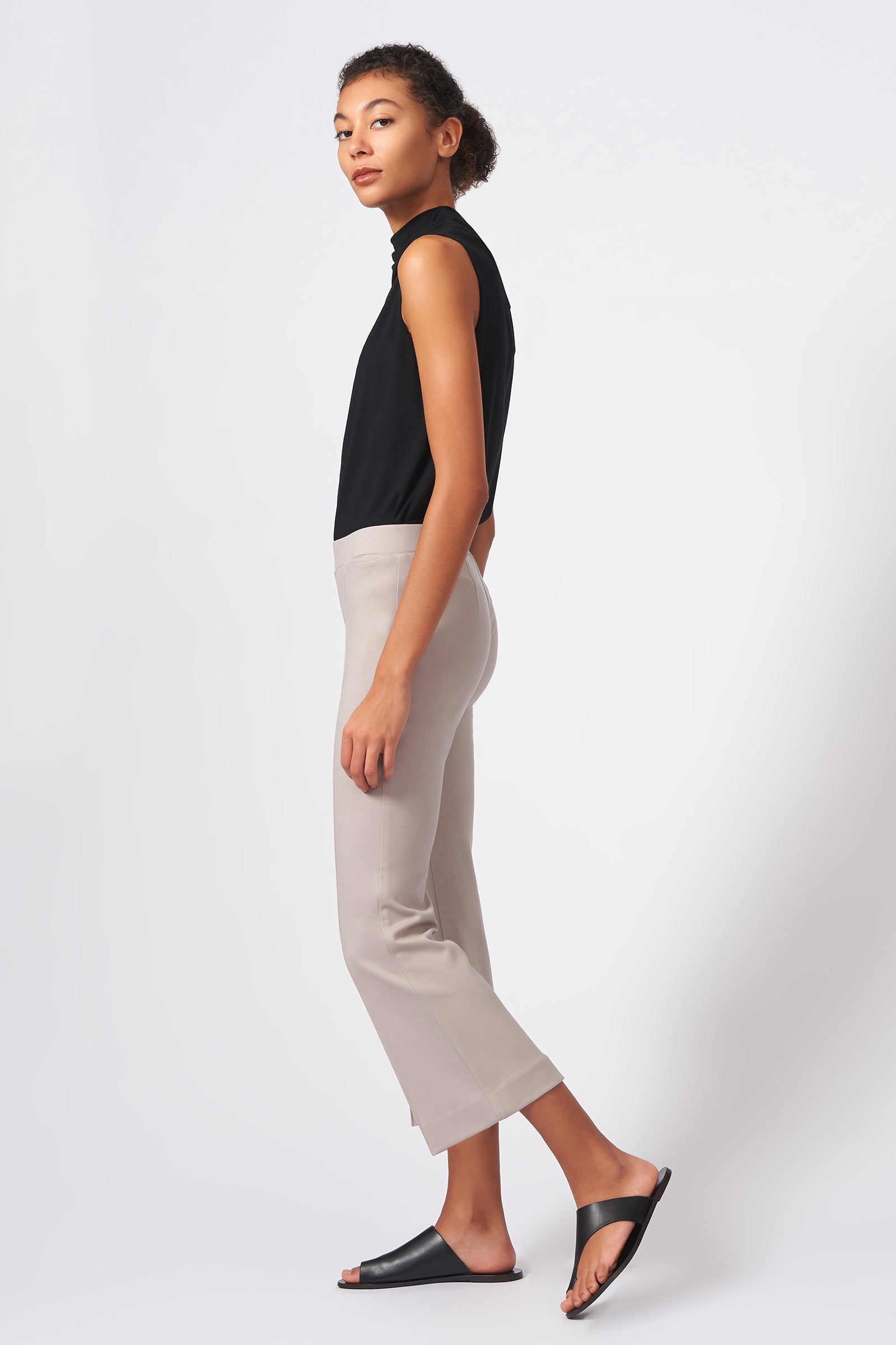 Kal Rieman Pintuck Ponte Crop Flare Pant in Taupe on Model Full Side View