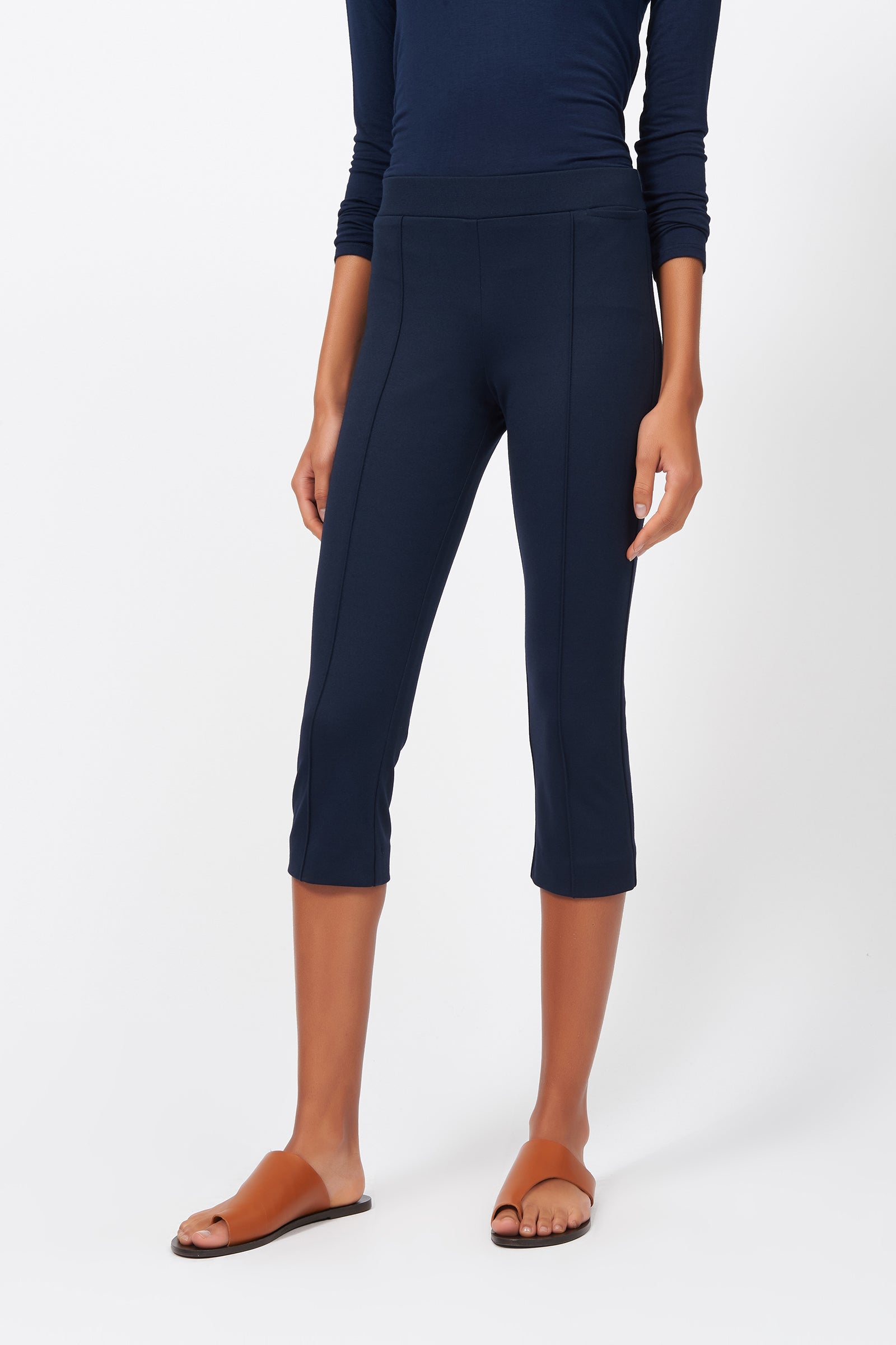 Kal Rieman Pintuck Ponte 3/4 Pant in Navy on Model Front View