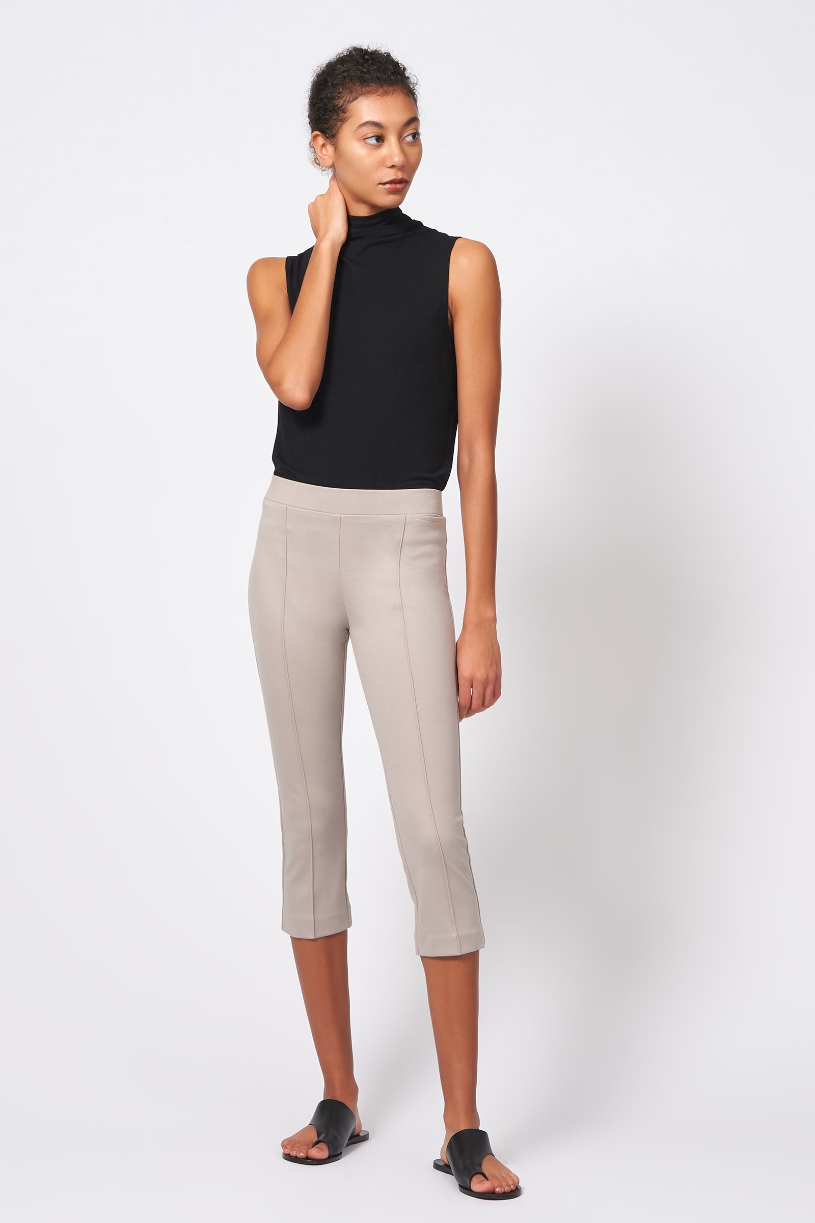 Kal Rieman Pintuck Ponte 3/4 Pant in Taupe on Model Full Front View