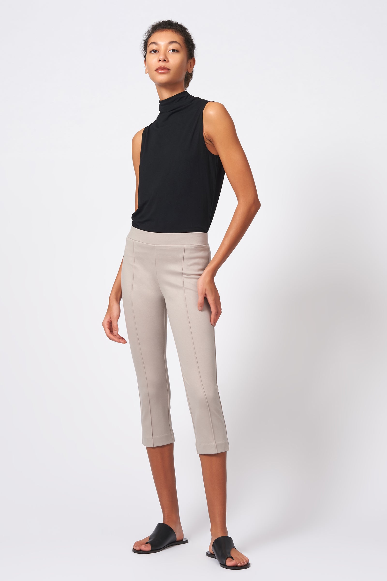Kal Rieman Pintuck Ponte 3/4 Pant in Taupe on Model Full Side View