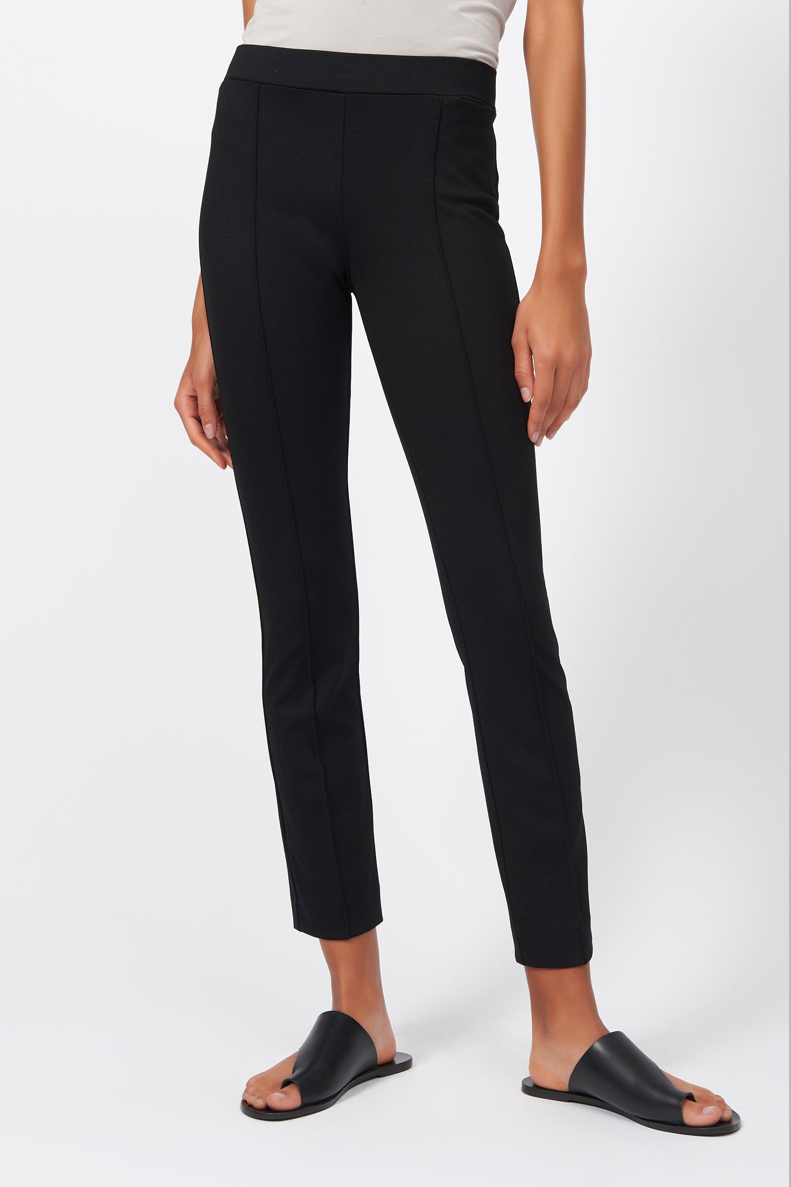 Kal Rieman Pintuck Ponte Ankle Pant in Black on Model Front Detail View
