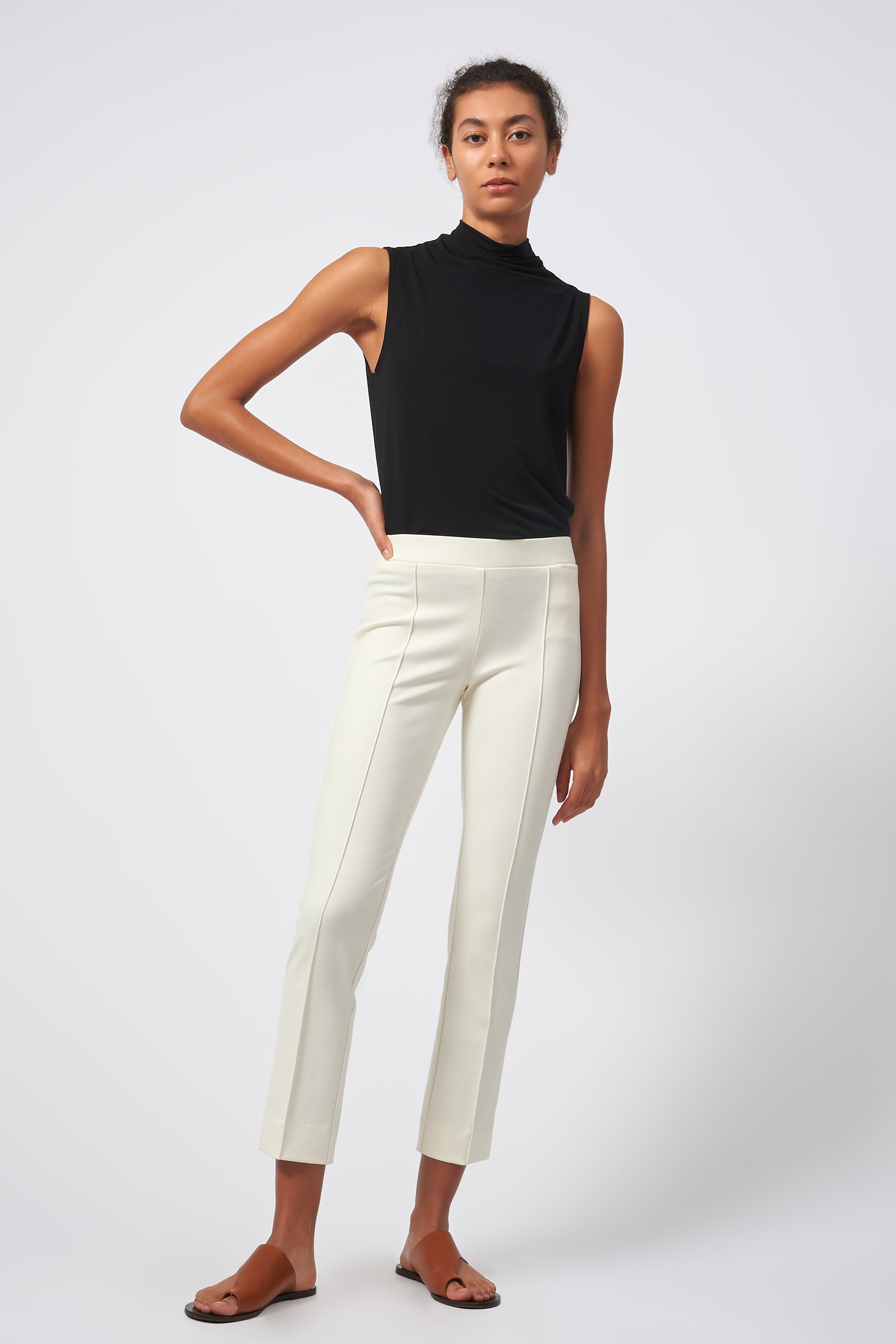 Kal Rieman Pintuck Ponte Ankle Pant in Ivory on Model Full Front View