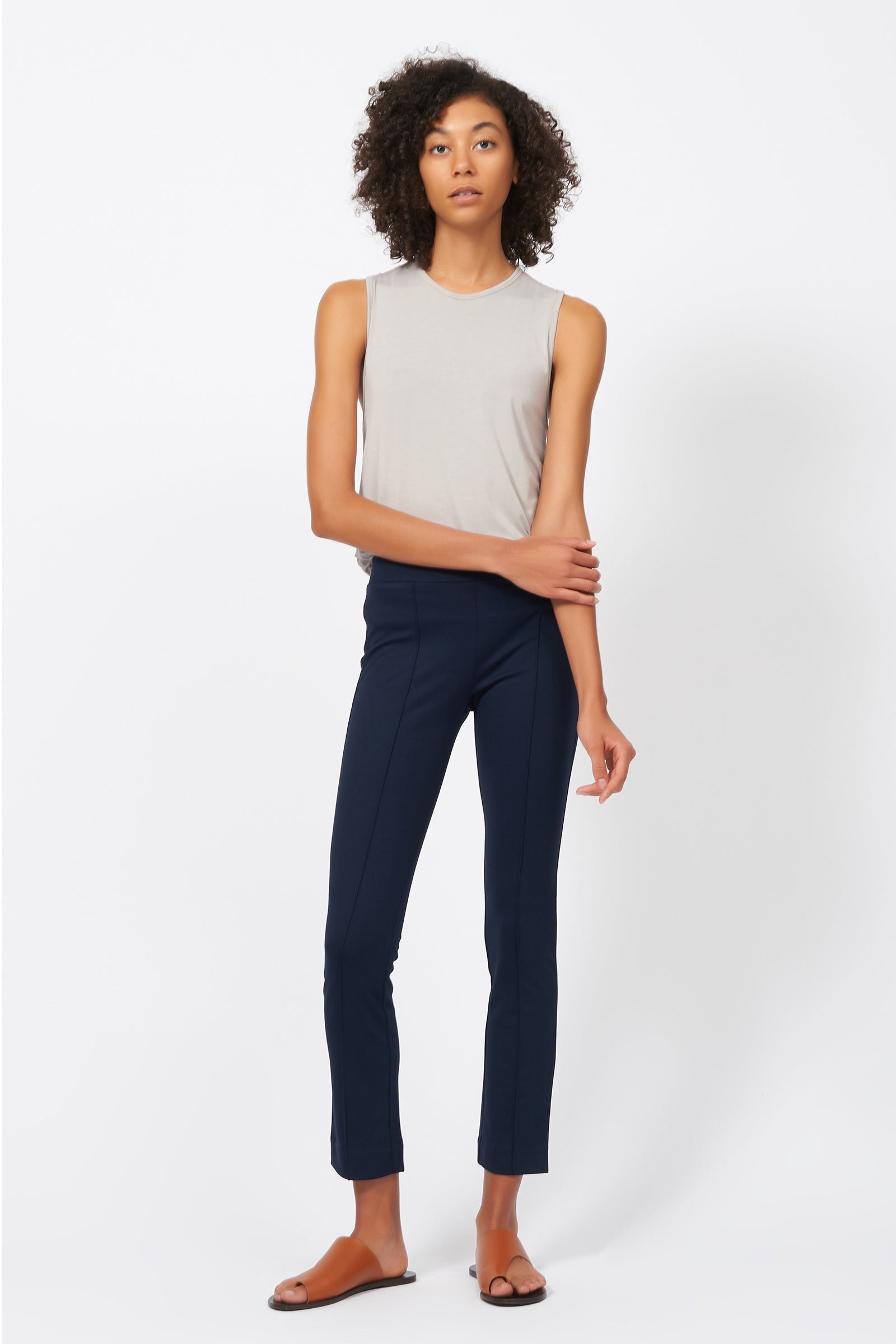 Kal Rieman Pintuck Ponte Ankle Pant in Navy on Model Full Front View
