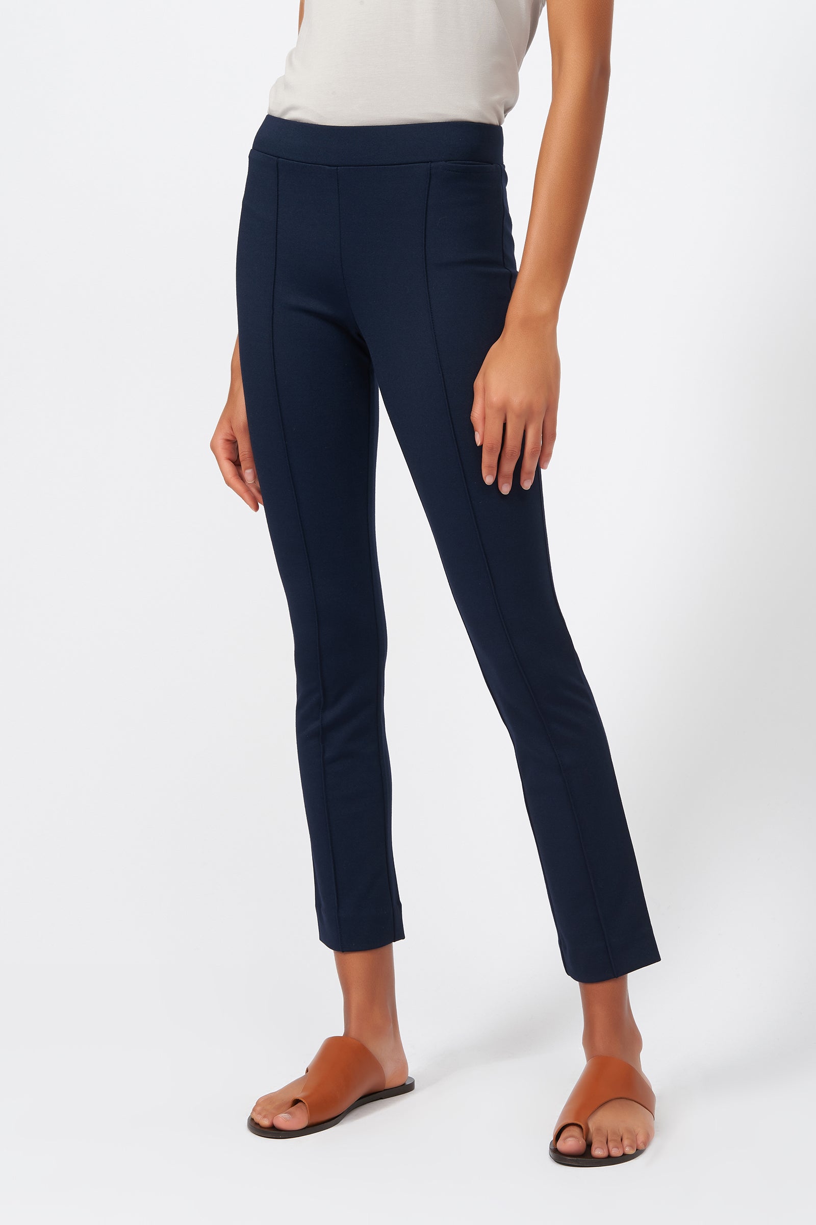Kal Rieman Pintuck Ponte Ankle Pant in Navy on Model Front View