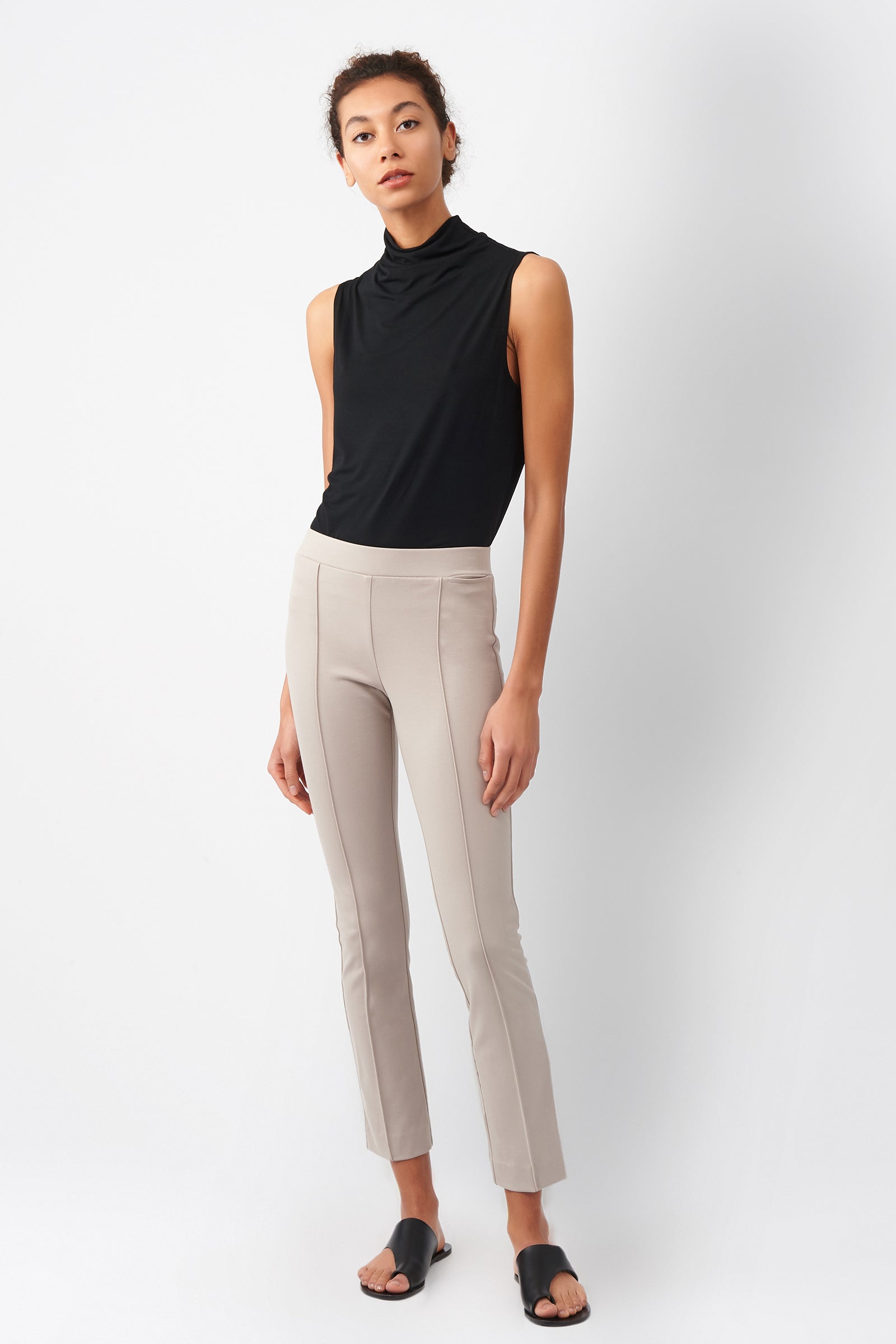 Kal Rieman Pintuck Ponte Ankle Pant in Taupe on Model Front View