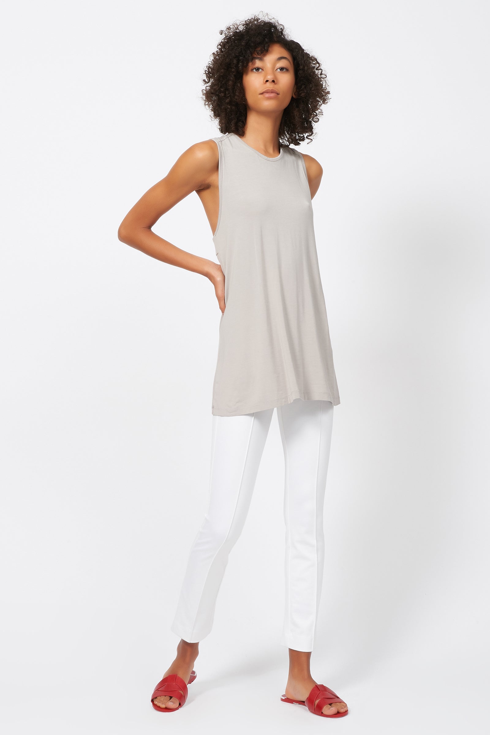 Kal Rieman Pintuck Ponte Ankle Pant in White on Model Full Front Side View
