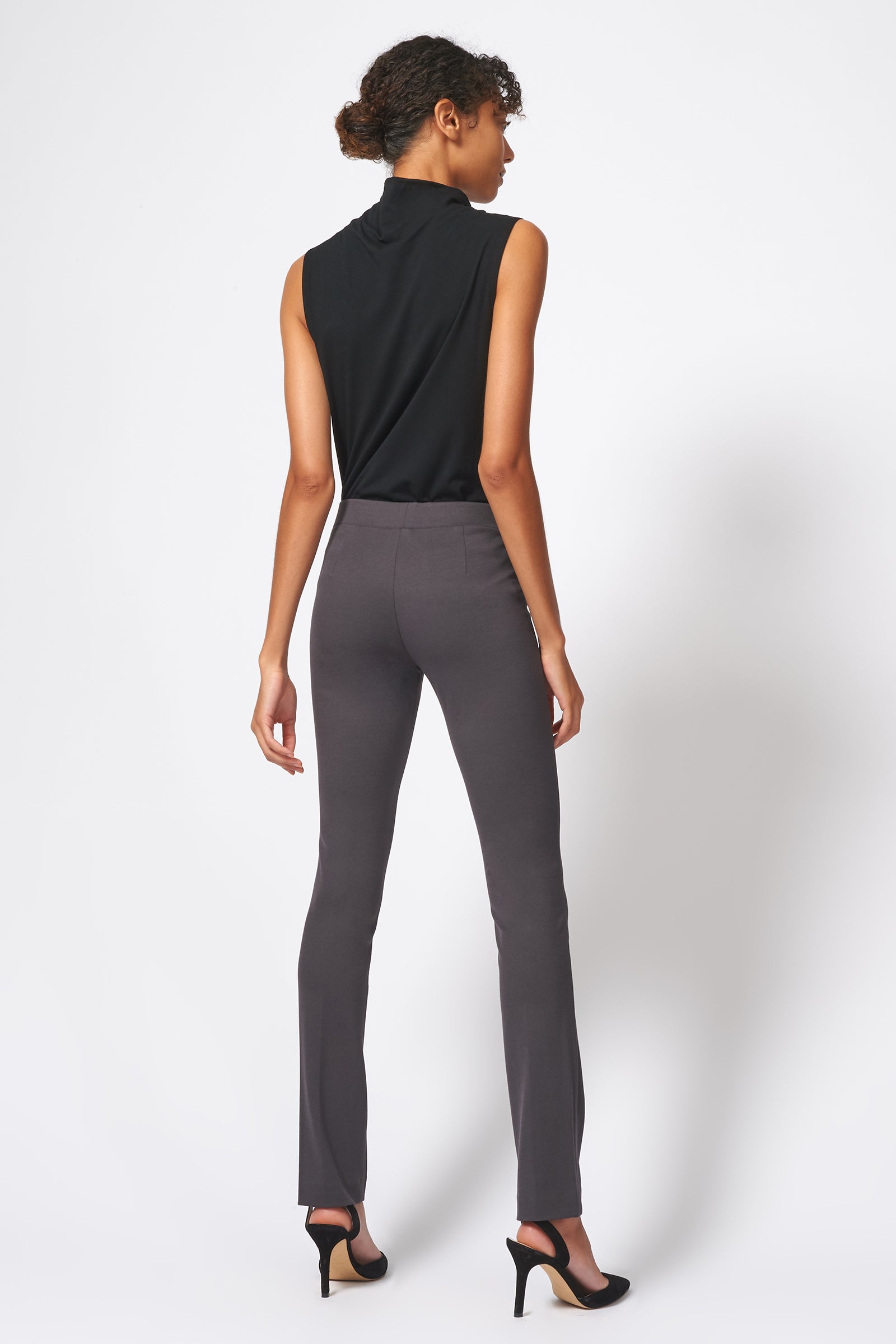 Kal Rieman Pintuck Ponte Straight Leg Pant in Charcoal on Model Front Side View