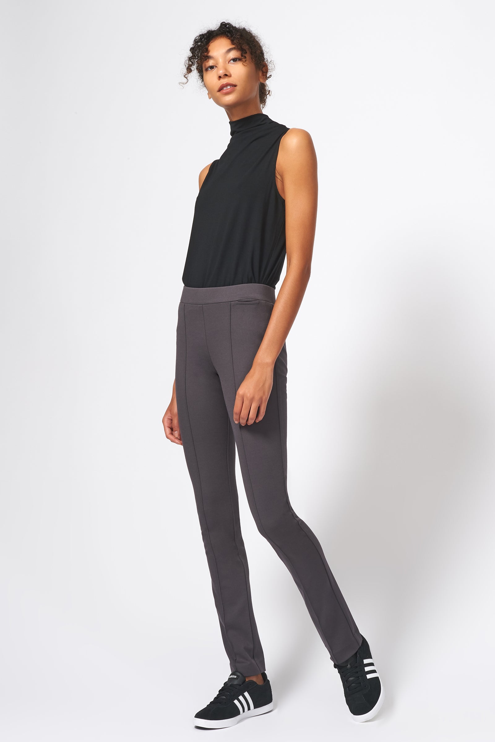Kal Rieman Pintuck Ponte Straight Leg Pant in Charcoal on Model Front Side View