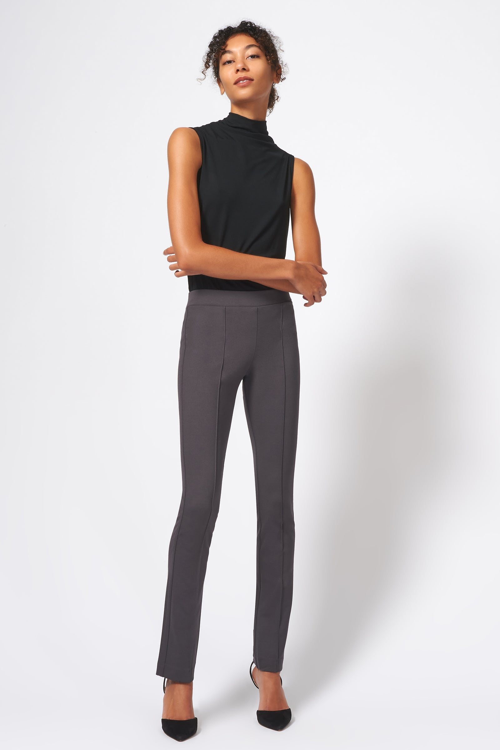 Kal Rieman Pintuck Ponte Straight Leg Pant in Charcoal on Model Full Front View