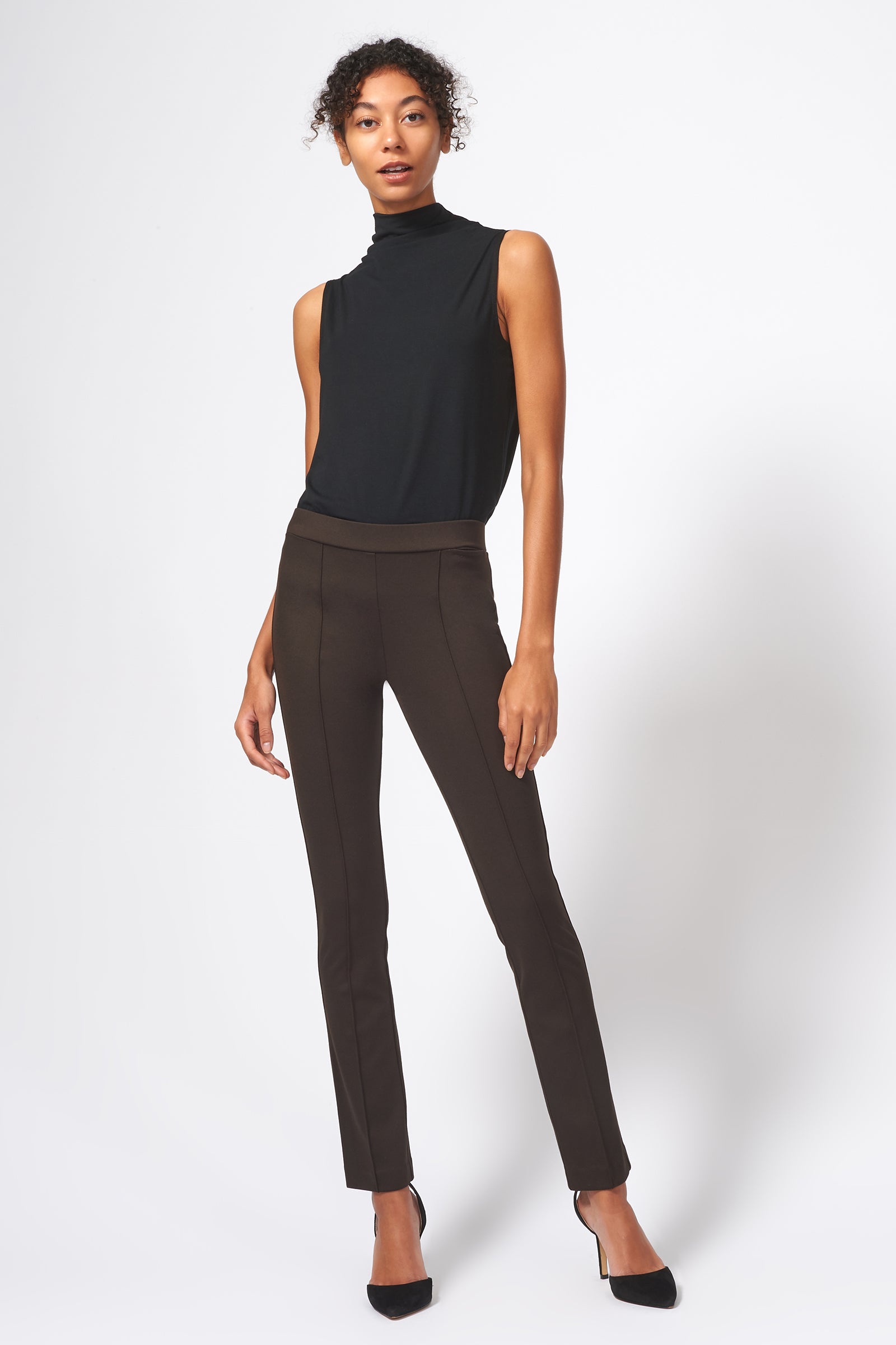Kal Rieman Pintuck Ponte Straight Leg Pant in Espresso on Model Full Front View
