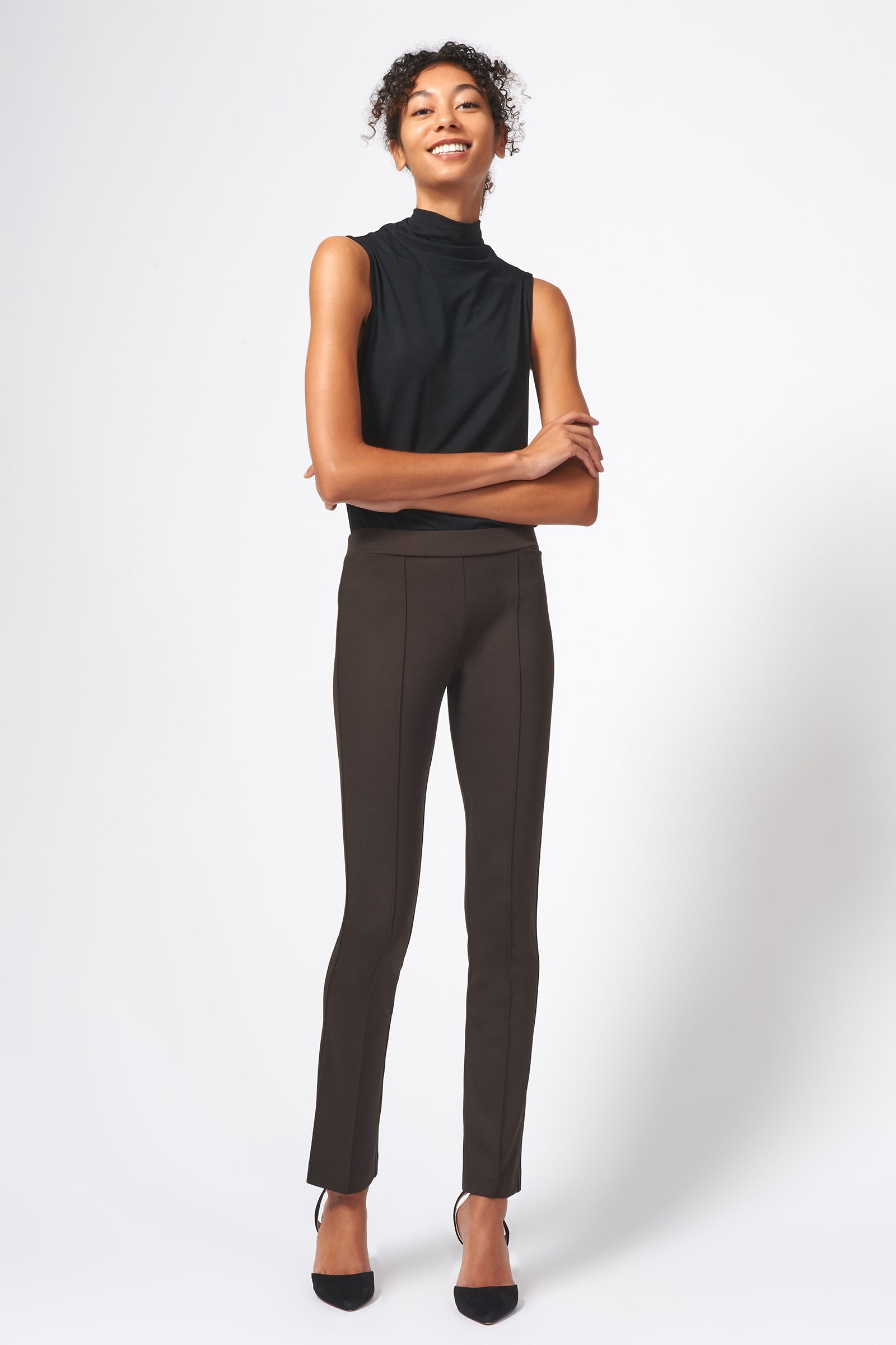 Kal Rieman Pintuck Ponte Straight Leg Pant in Espresso on Model Full Front View