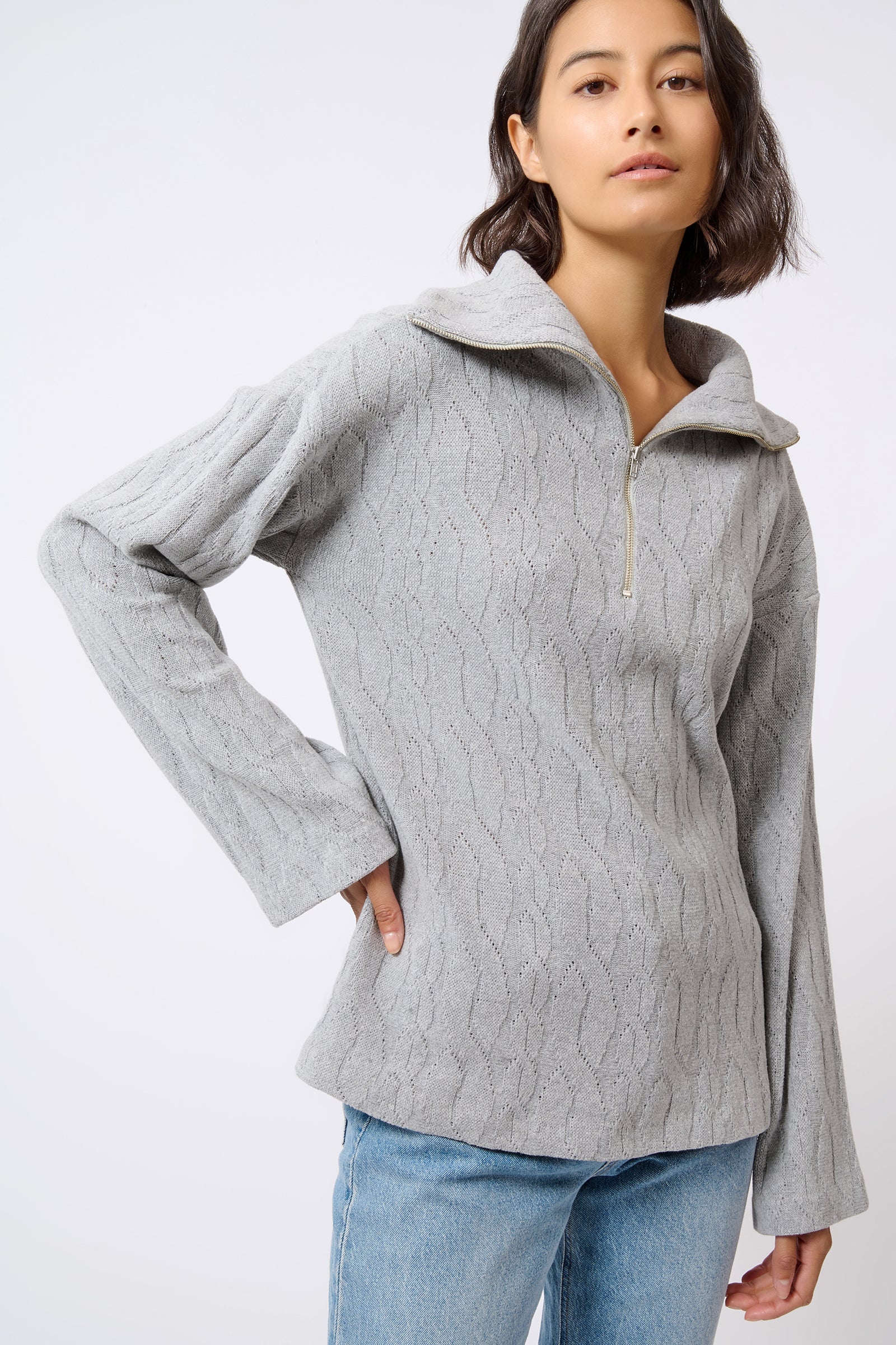 Kal Rieman Sandra Collared Zip Pullover Cable Knit in Grey on Model with Hand on Hip Front View