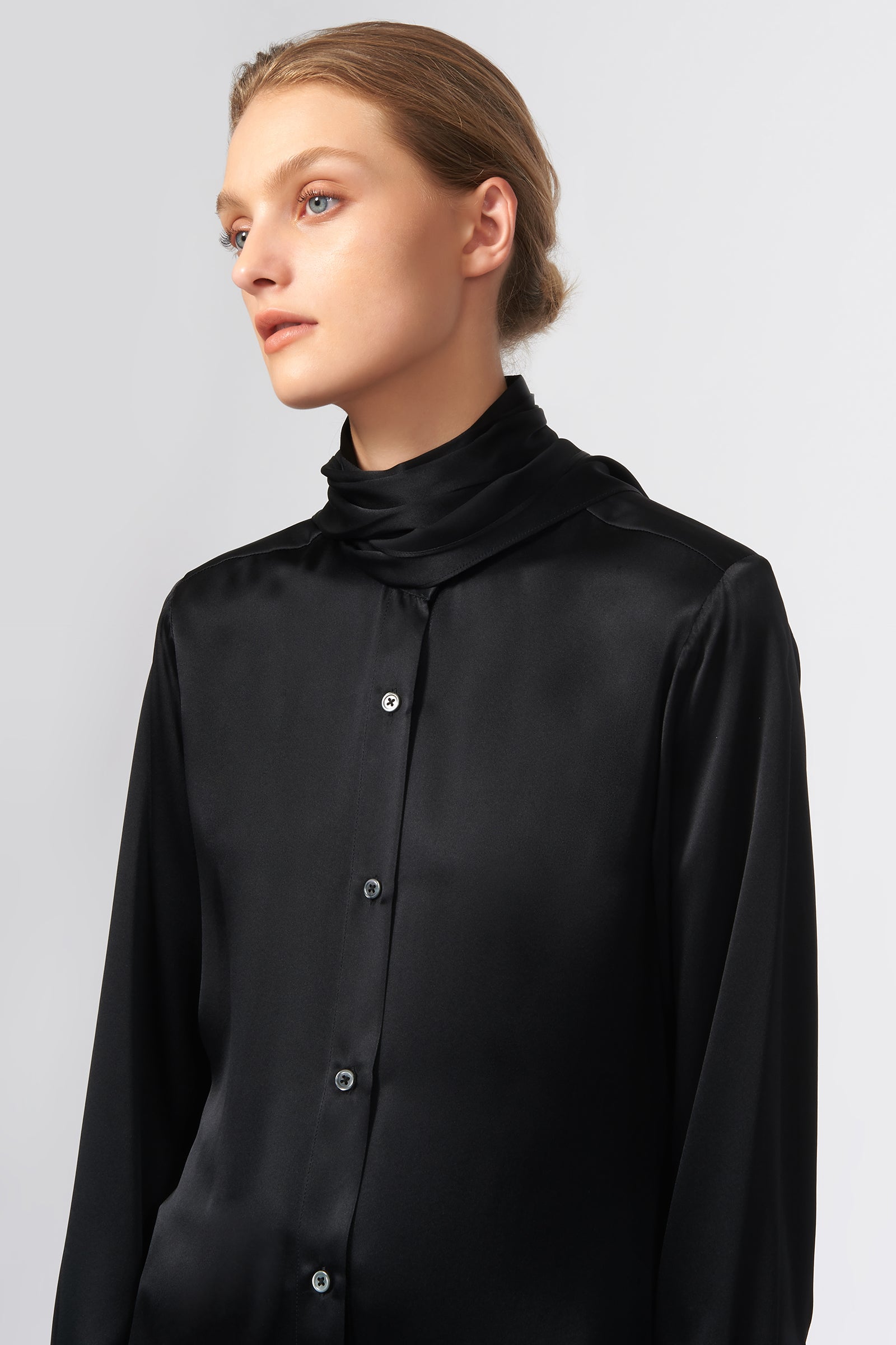 Scarf Tie Blouse in Black Made From 100% Silk – KAL RIEMAN