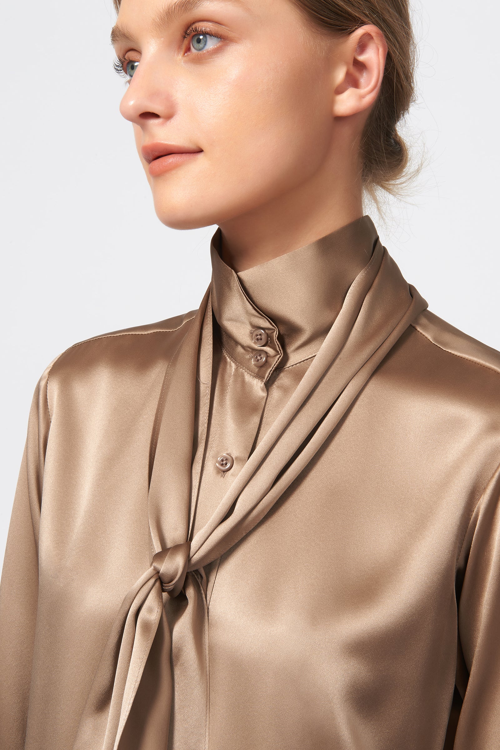 Kal Rieman Scarf Tie Blouse in Charmeuse on Model Front Detail View