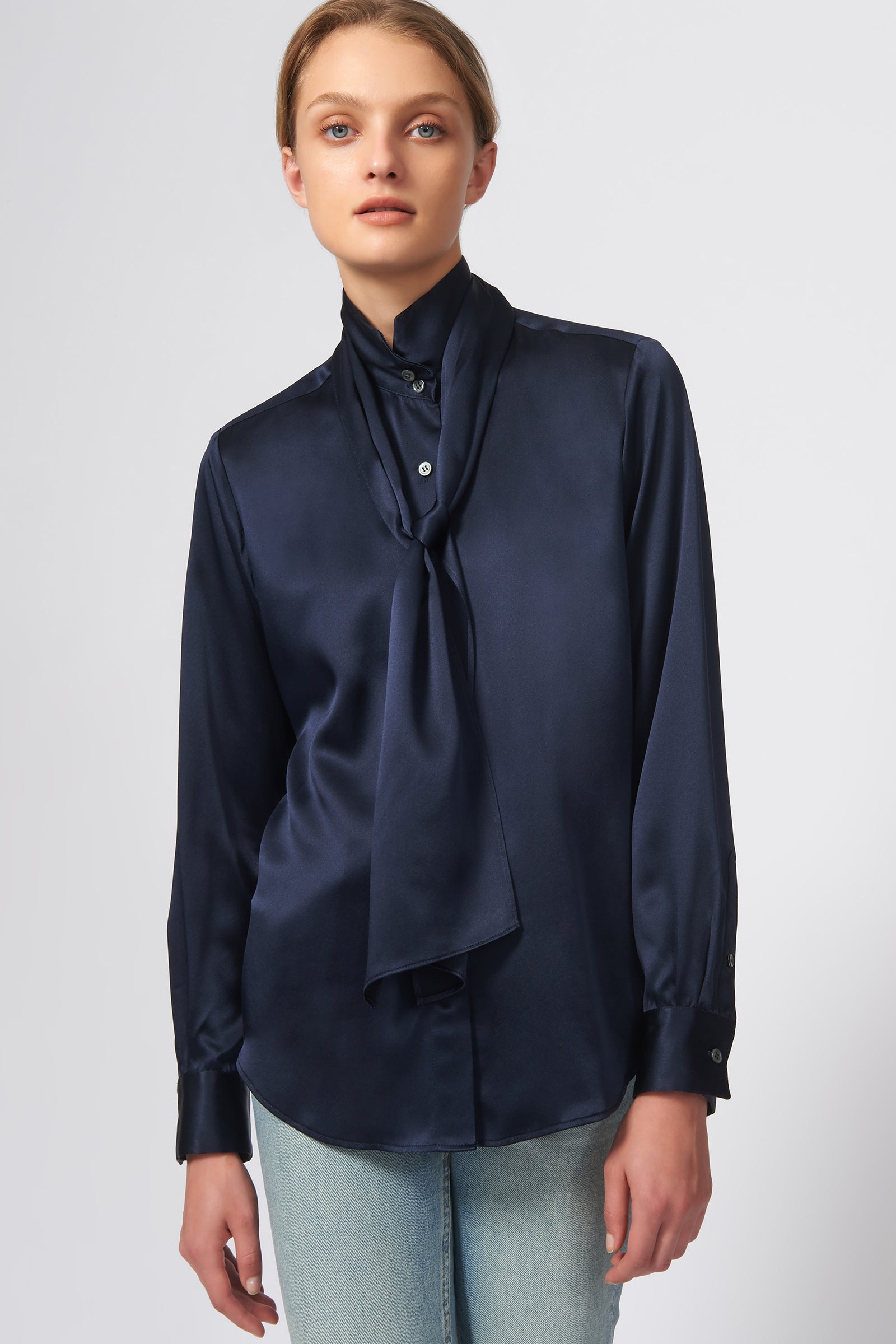 Kal Rieman Scarf Tie Blouse in Navy on Model Front View
