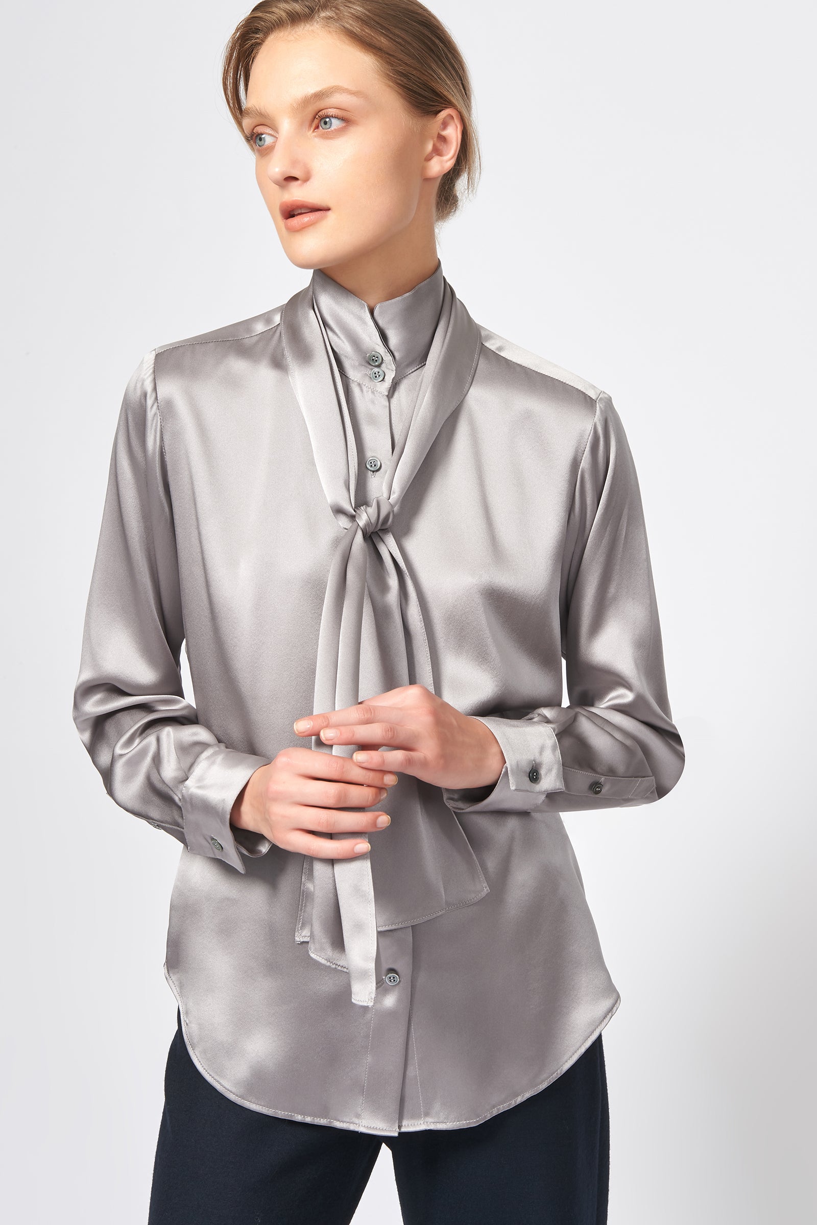 Kal Rieman Scarf Tie Blouse in Silver on Model Front View