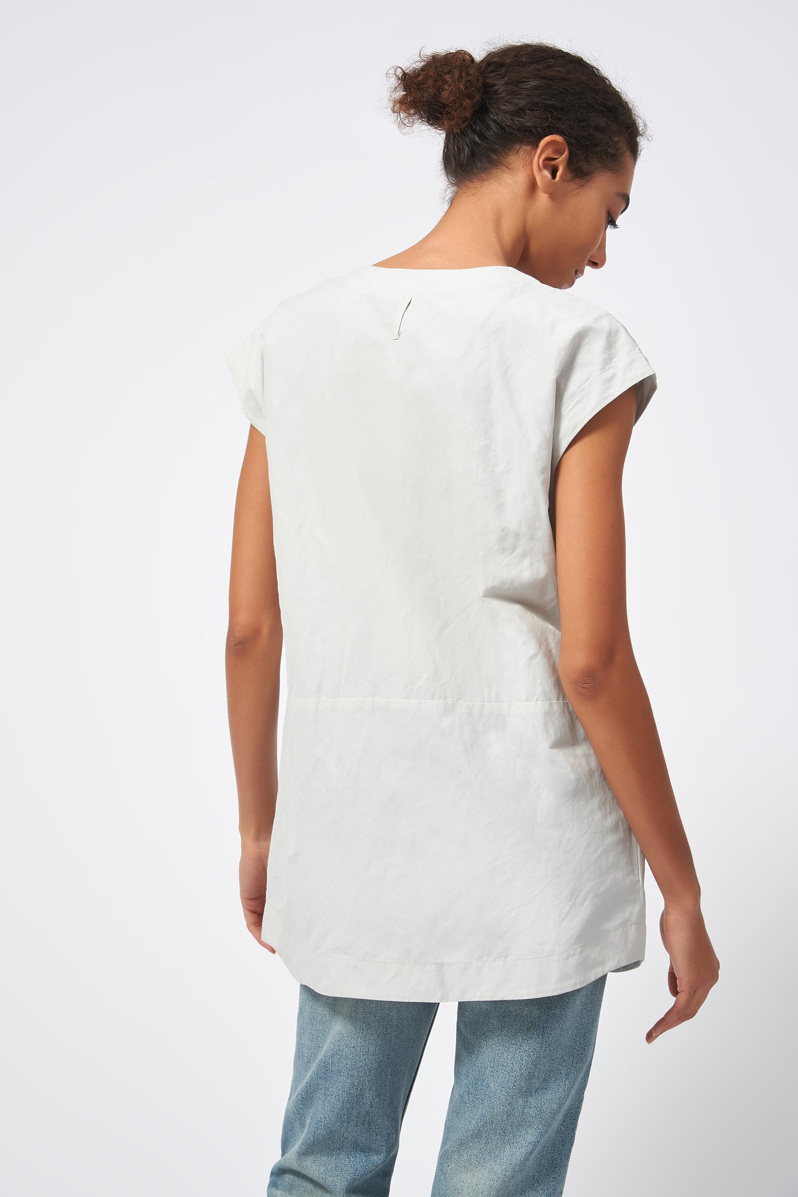 Kal Rieman Seam Pocket Tunic in Stone Cotton Nylon on Model Front View Crop