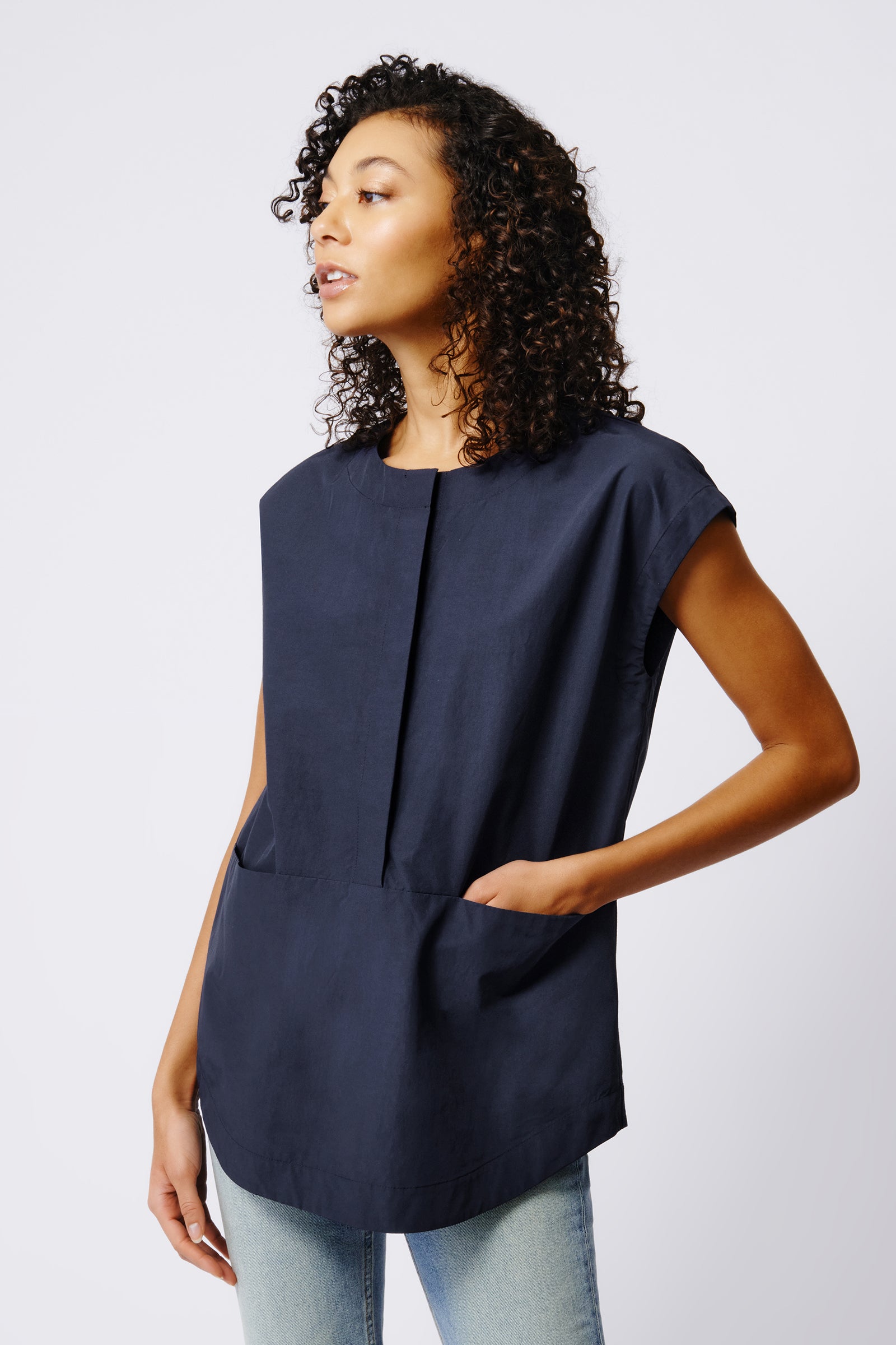 Kal Rieman Seam Pocket Tunic in Navy Broadcloth on Model Front View Crop 2