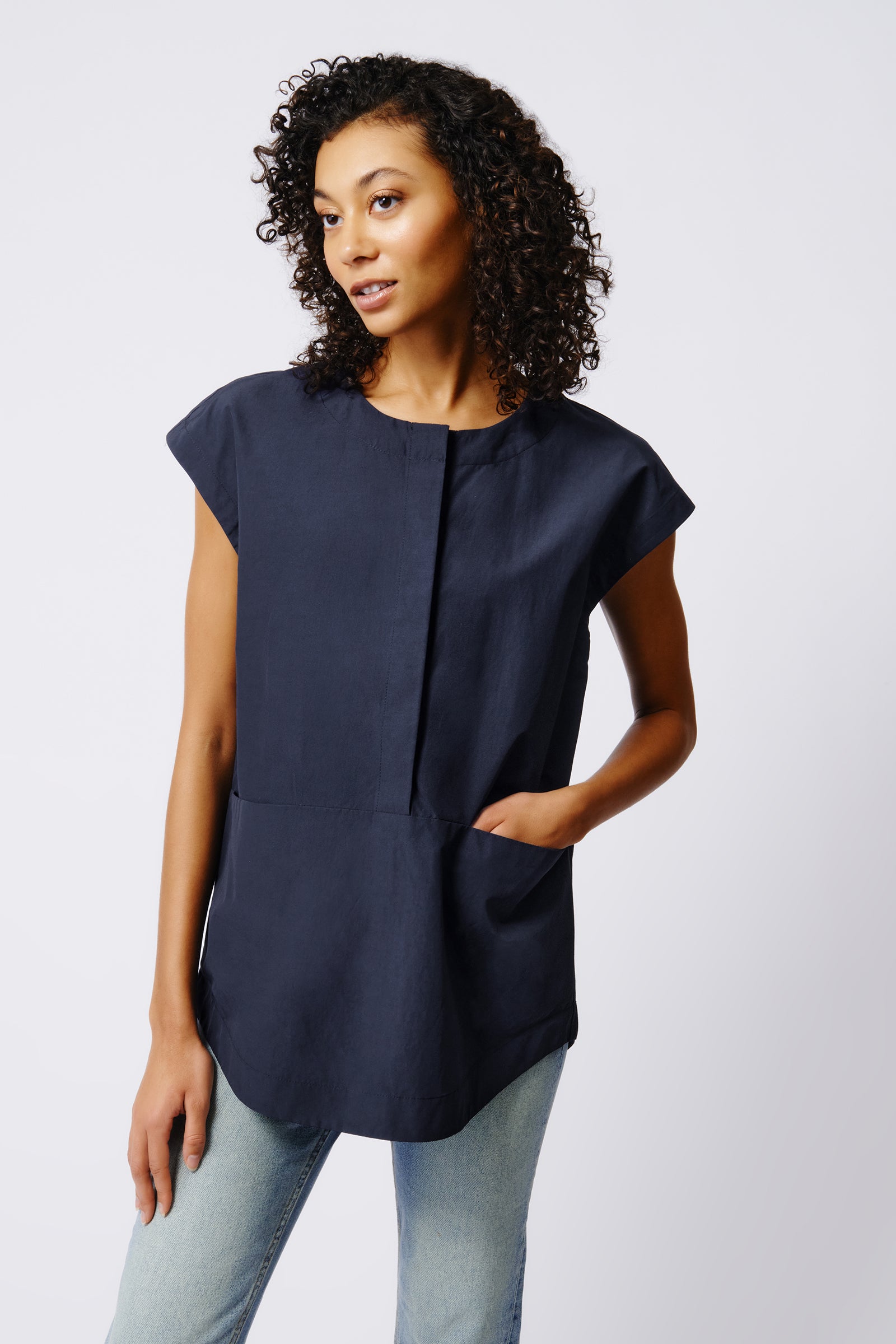 Kal Rieman Seam Pocket Tunic in Navy Broadcloth on Model Front View Crop