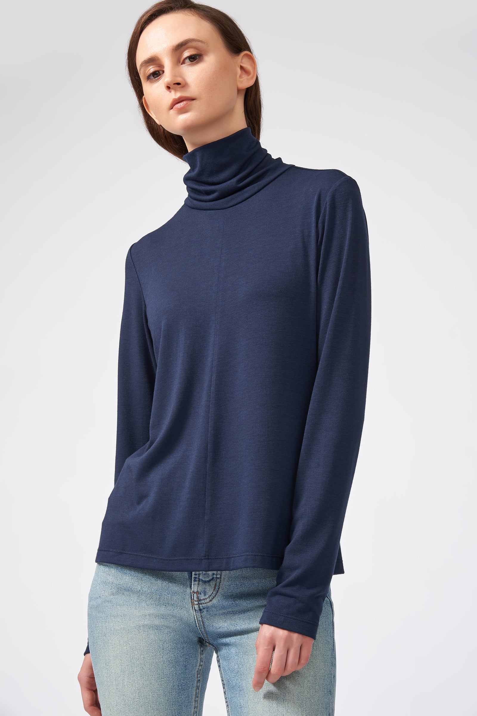 Kal Rieman Seamed Fitted Turtleneck in Navy on Model Front View
