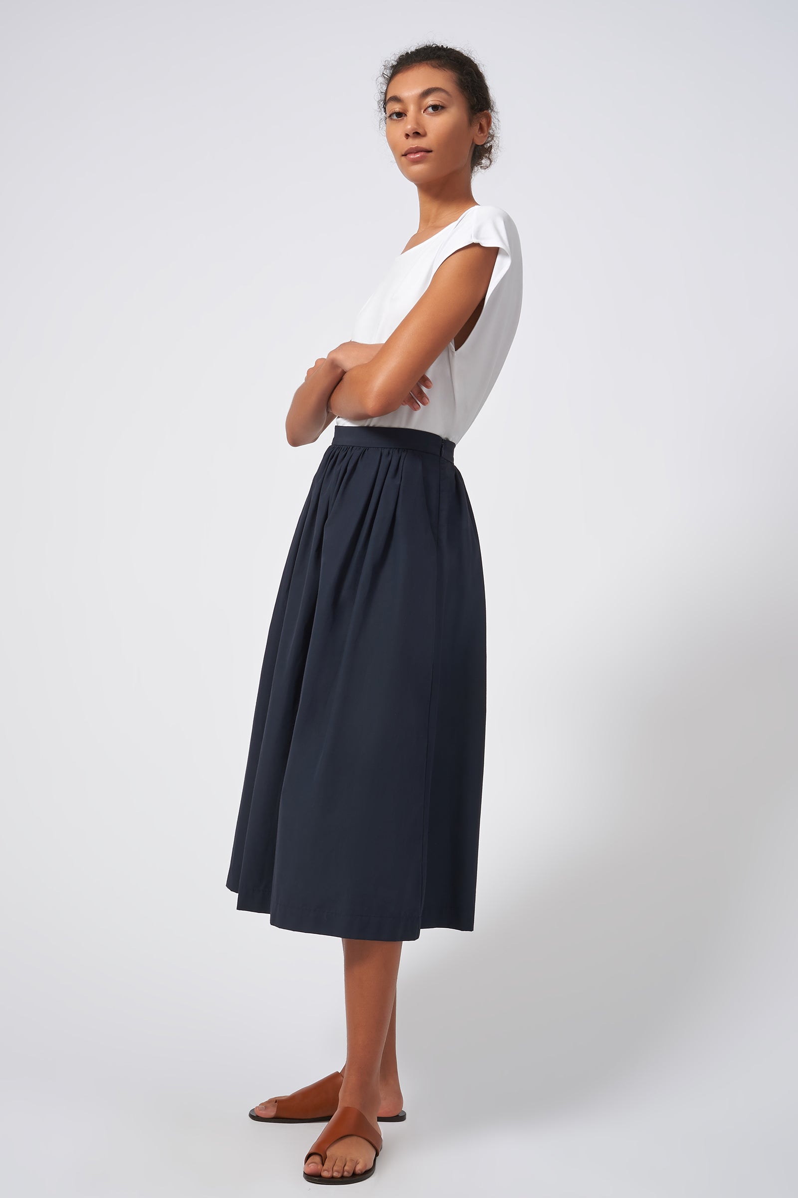Kal Rieman Shirred Skirt Italian Navy Broadcloth  On Model Side View Full 2
