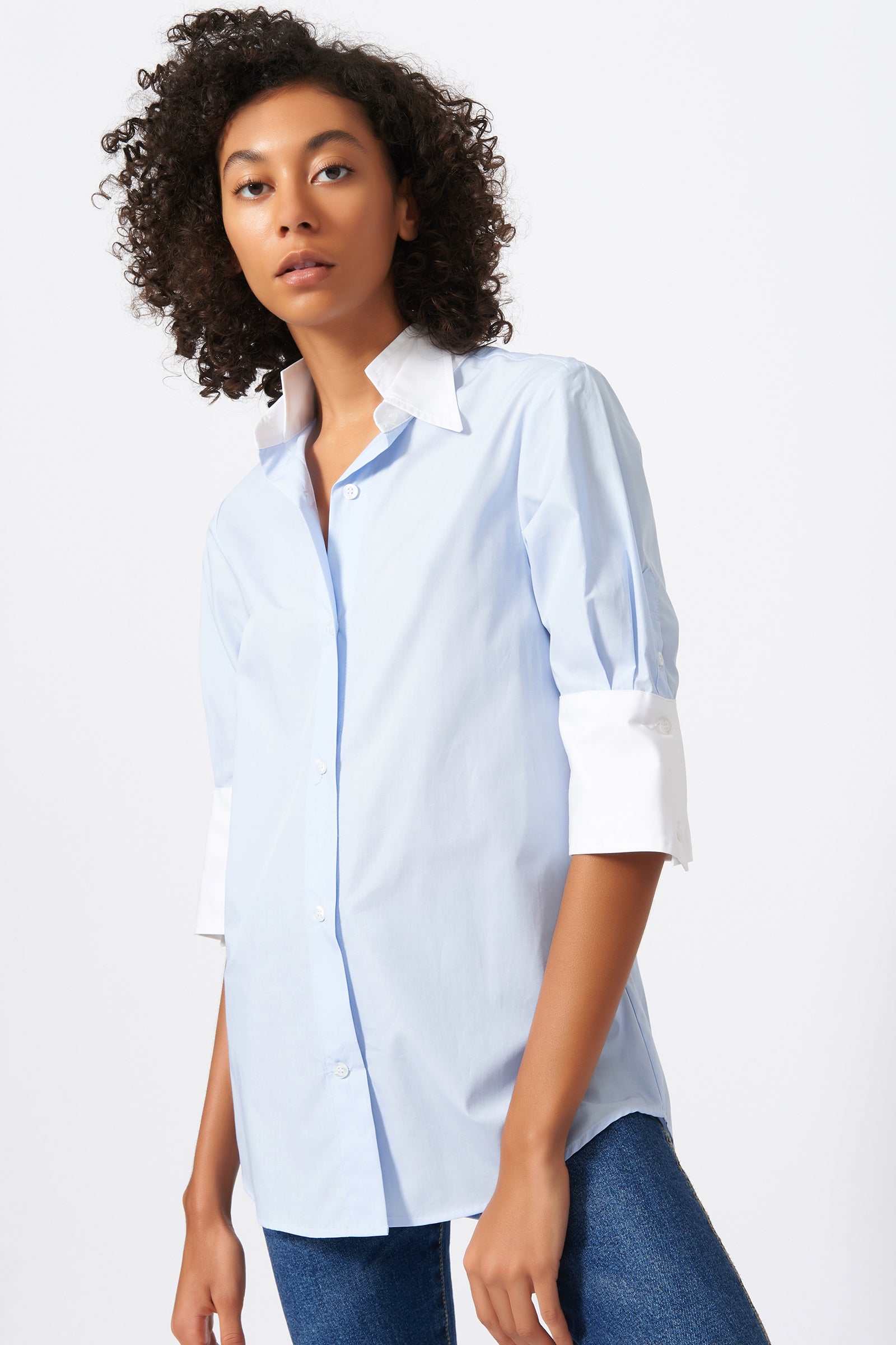 Kal Rieman Double Collar Shirt in Oxford and White Cotton Poplin on Model Front View