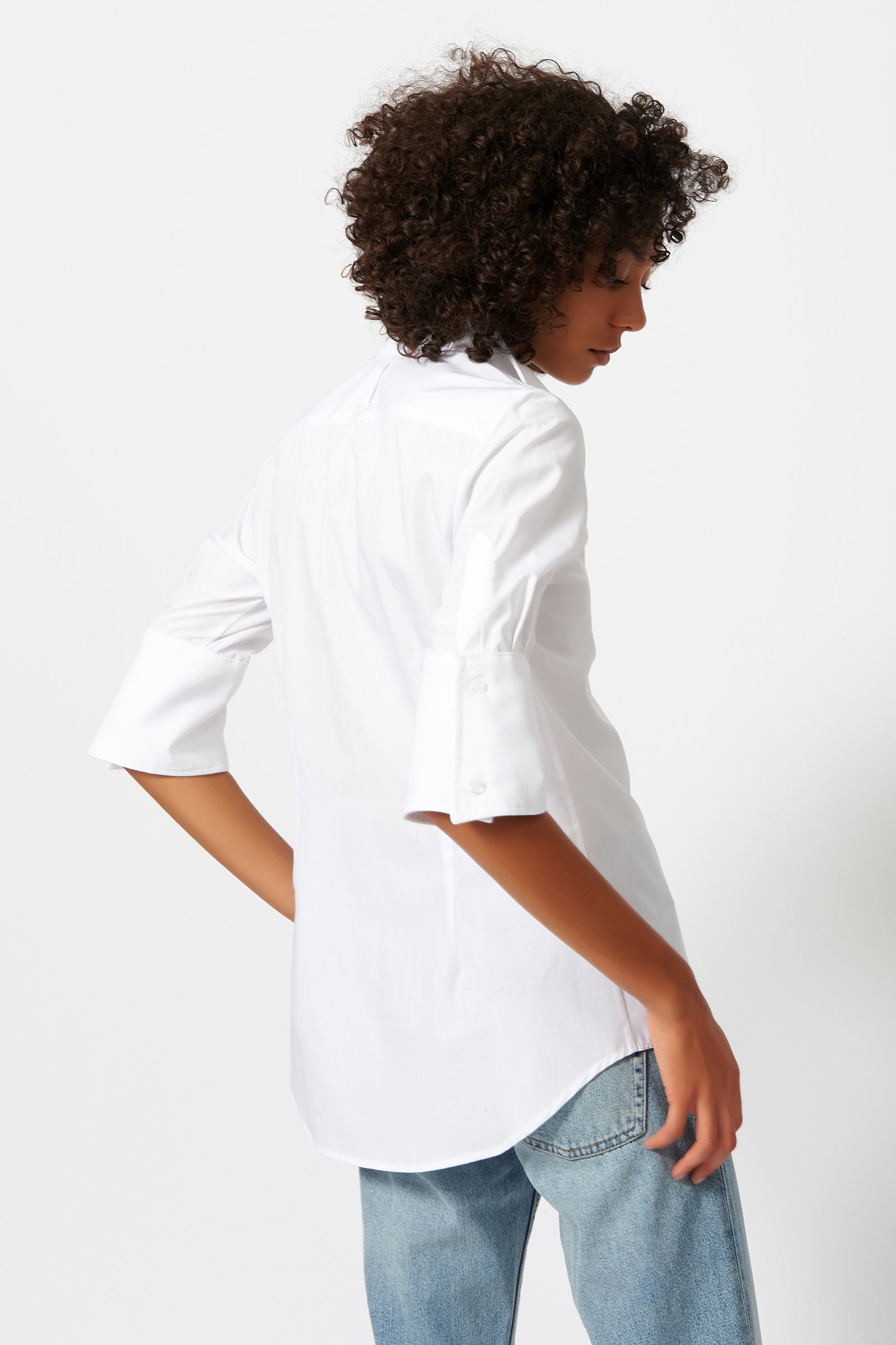 Kal Rieman Double Collar Shirt in White Poplin with Pique on Model Front View