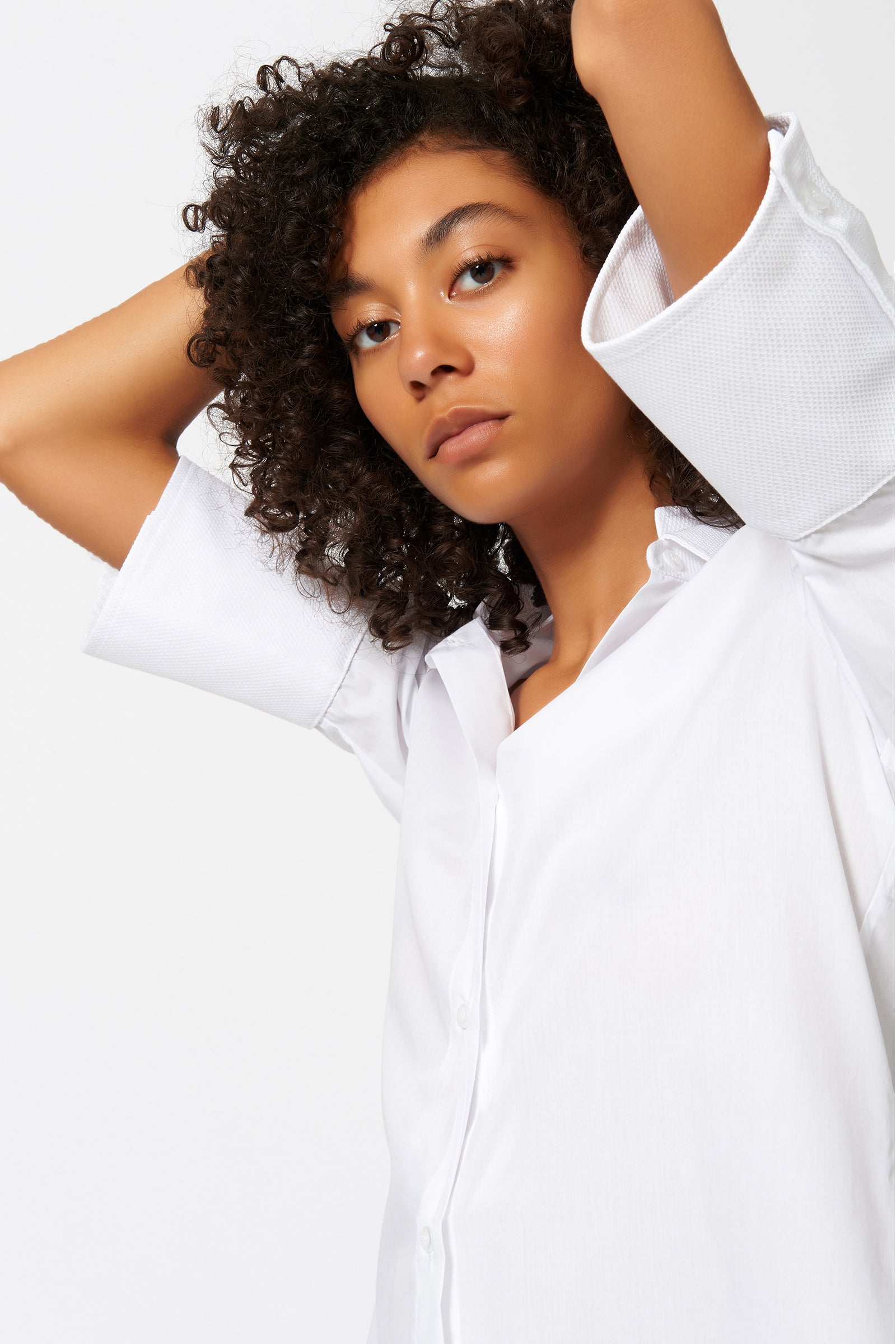 Kal Rieman Double Collar Shirt in White Poplin with Pique on Model Front Detail View