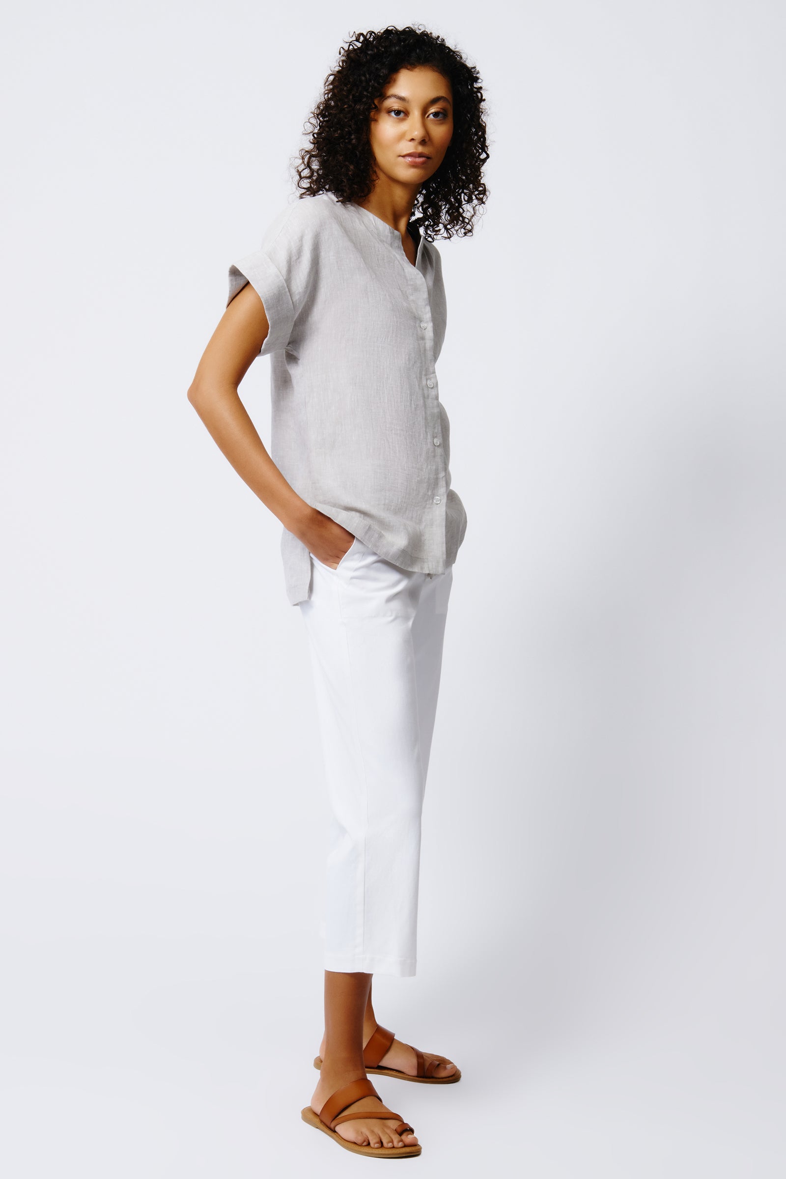 Kal Rieman Natalie Short Sleeve Placket Shirt in Beige on Model Full Front View 2